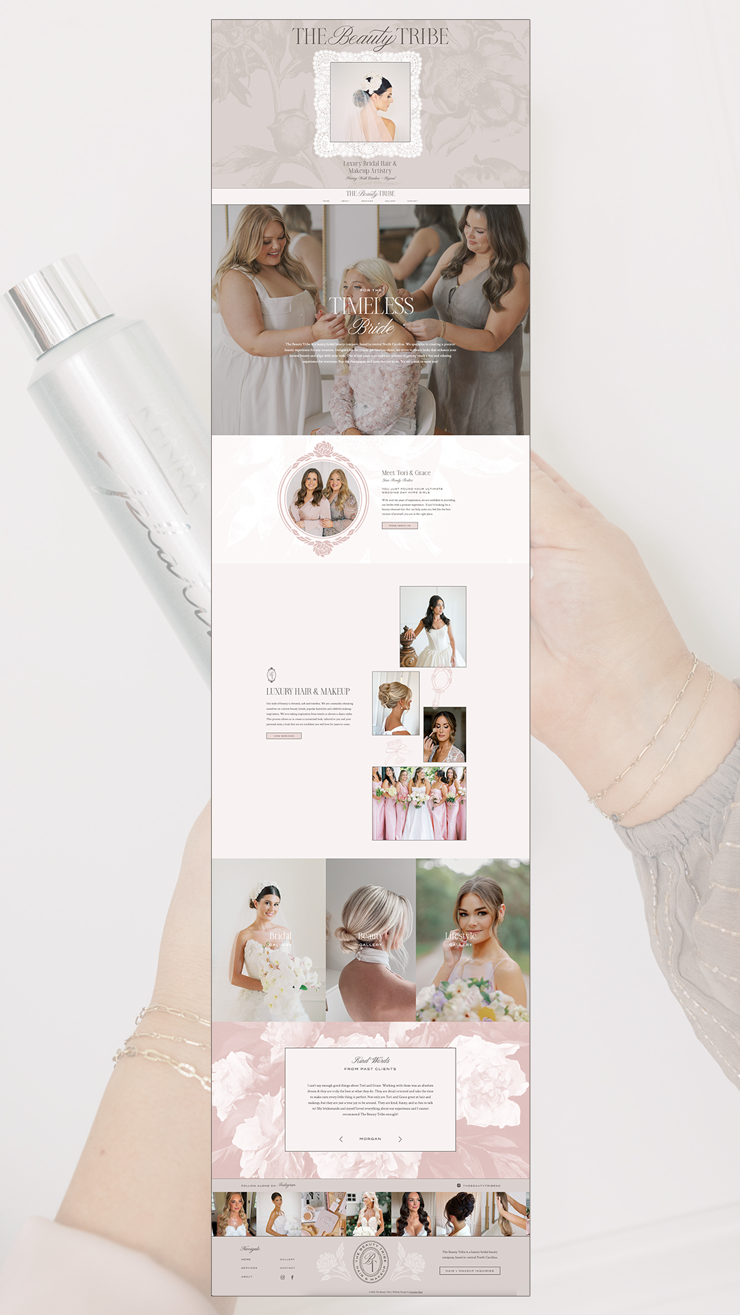 Custom Showit homepage design for The Beauty Tribe, a luxury bridal hair and makeup website in blush and taupe