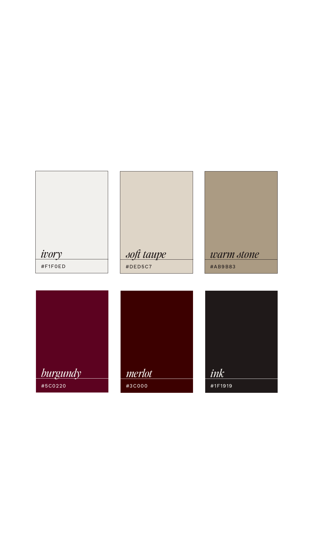 Her Next Flex brand color palette featuring burgundy, merlot, warm stone, soft taupe, ivory, and ink with hex codes