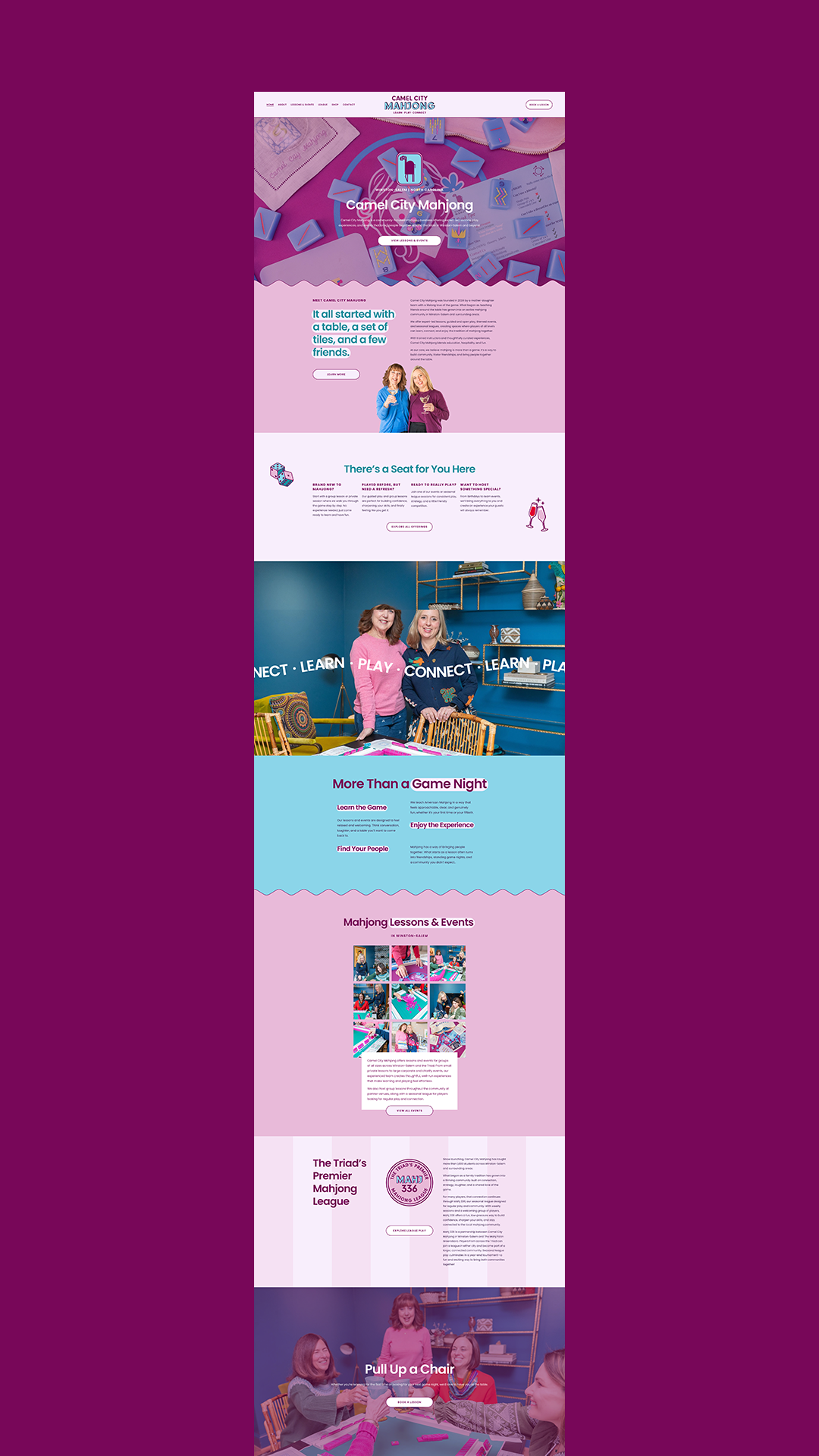 Camel City Mahjong Squarespace website homepage design for a Winston-Salem mahjong brand