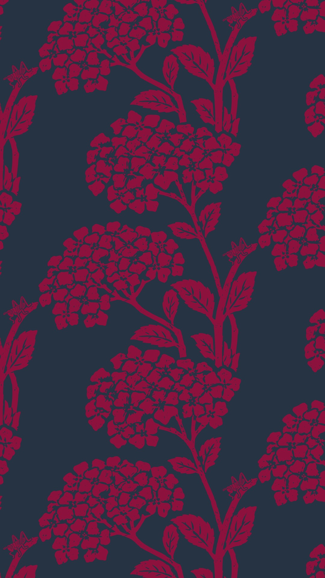 Mulberry hydrangea block-print brand pattern with small grasshopper details on a navy ink background, by Slate Creative Studio
