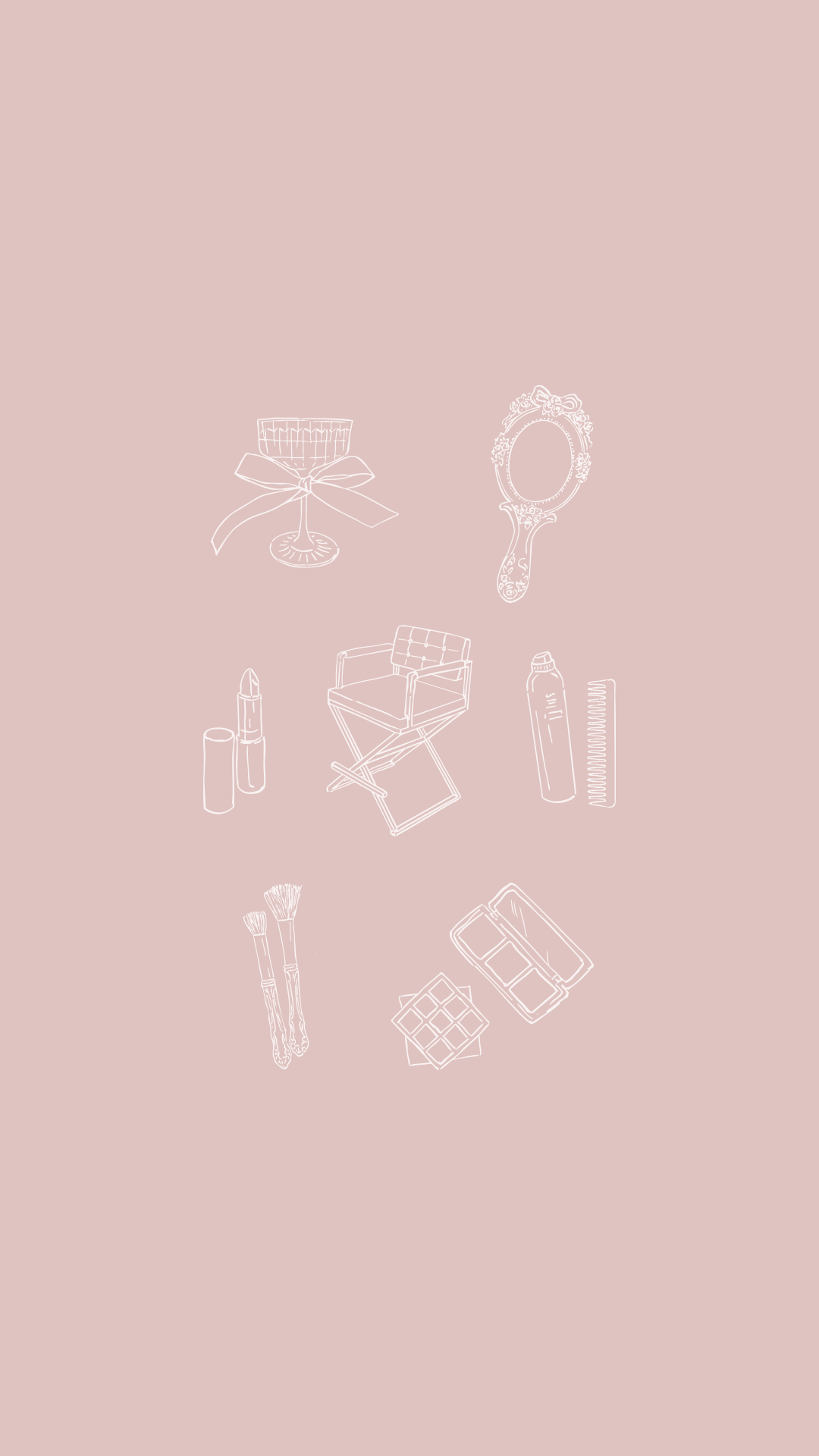 Custom hand drawn beauty illustrations for The Beauty Tribe including champagne coupe, vintage mirror, lipstick, styling chair, and makeup brushes