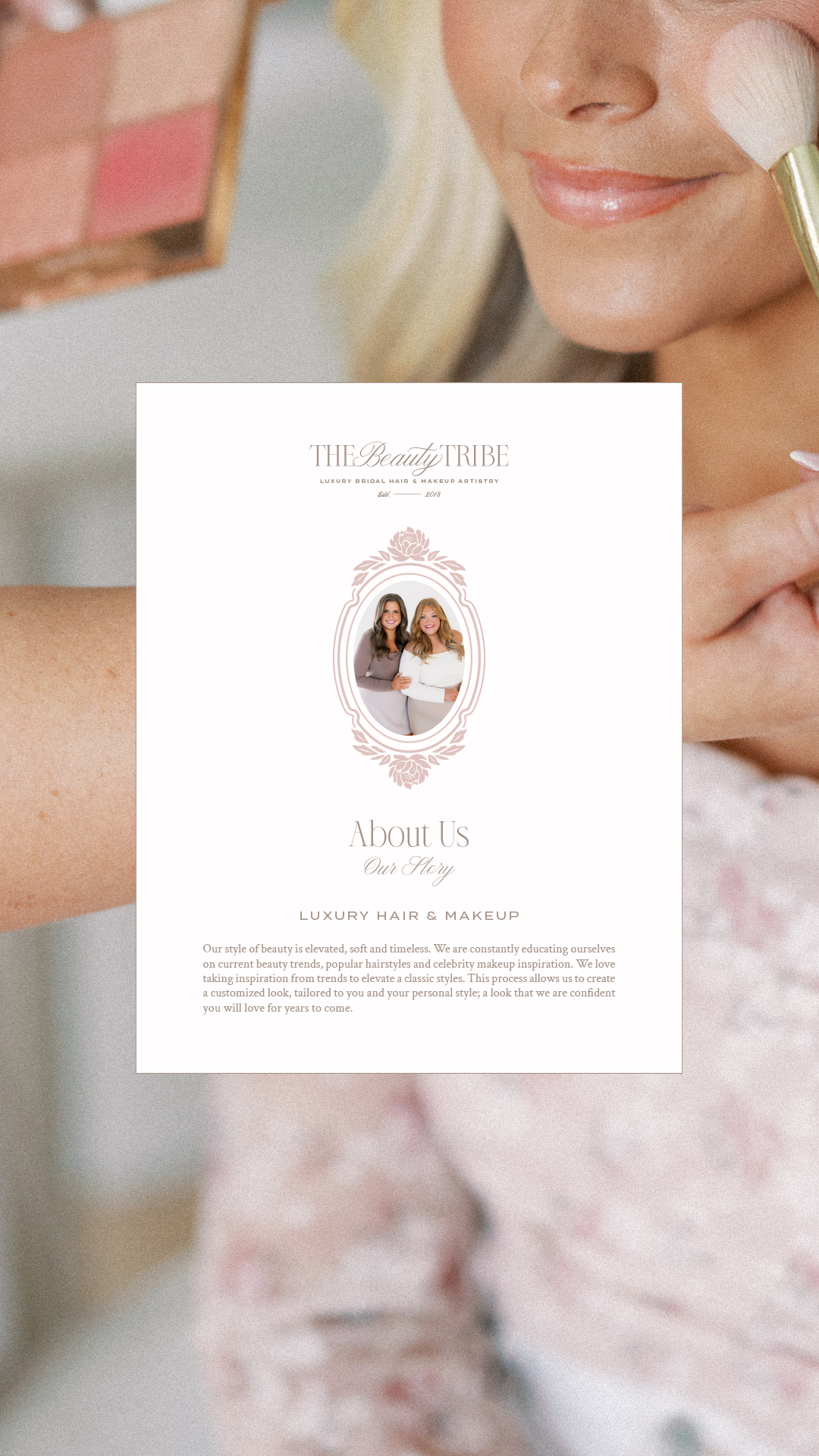The Beauty Tribe About page design featuring founders in a peony frame, custom Showit website for a luxury bridal beauty brand