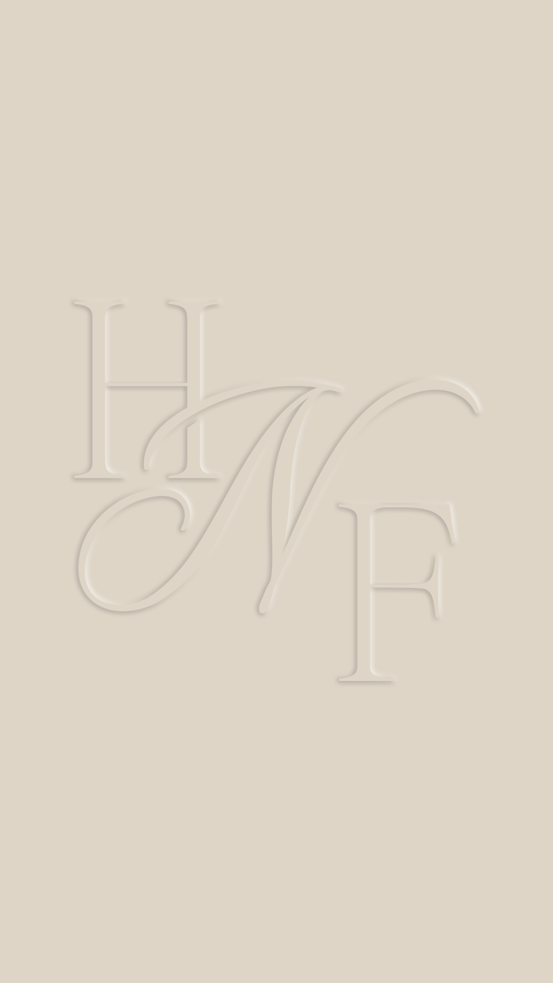 HNF monogram logo embossed on a warm taupe background, Her Next Flex brand mark design