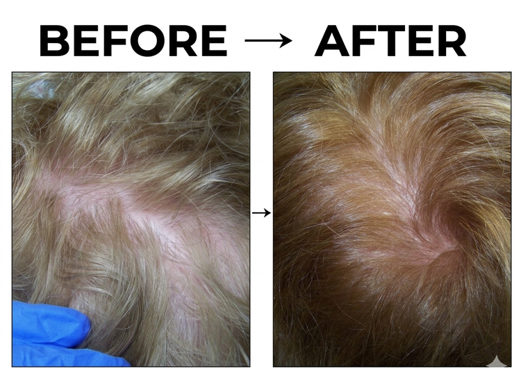 Before and after — 64-year-old female diffuse crown thinning restored over a 12-week Dermotricology protocol