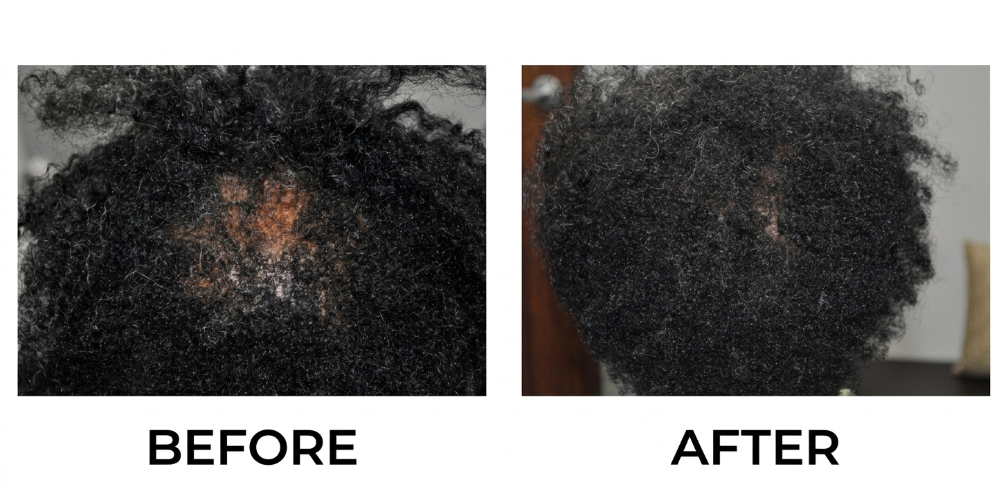 Before and after 6-month Kapyderm Dermotricology protocol for advanced crown hair loss in a 55-year-old woman at Advanced Hair Growth Clinic Matthews NC