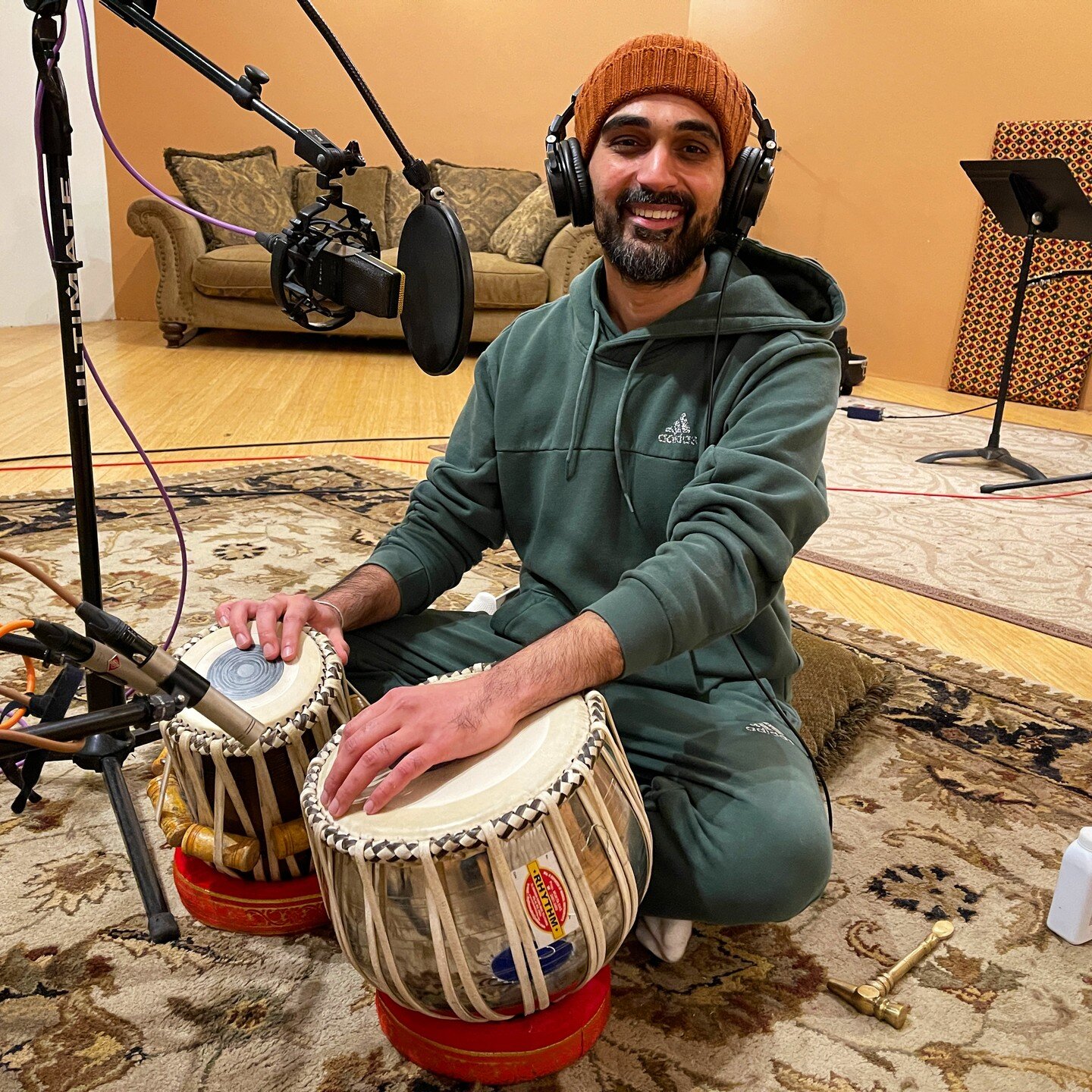 Hari Khatri recording tabla in the live room.