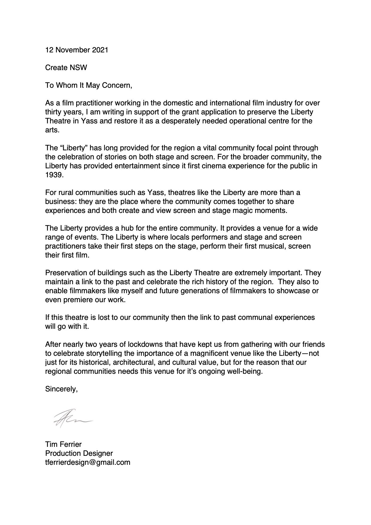 Ferrier Tim Set  Design,  Liberty Theatre Yass  letter  of  support  to CreateNSW 12th November 2021.jpg