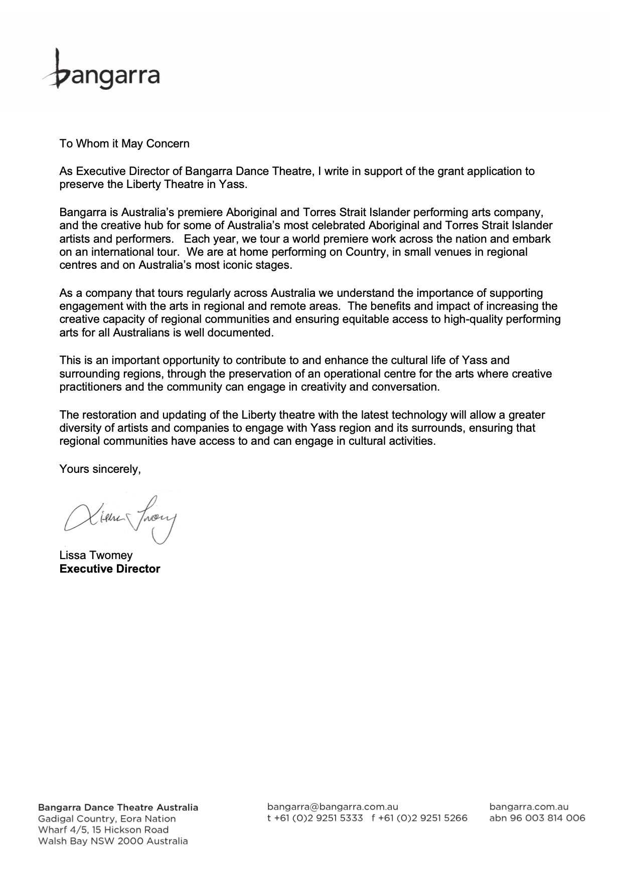 Bangarra Dance Company Yass Liberty theatre, Lissa Twomey Letter of Support April 2022.jpg