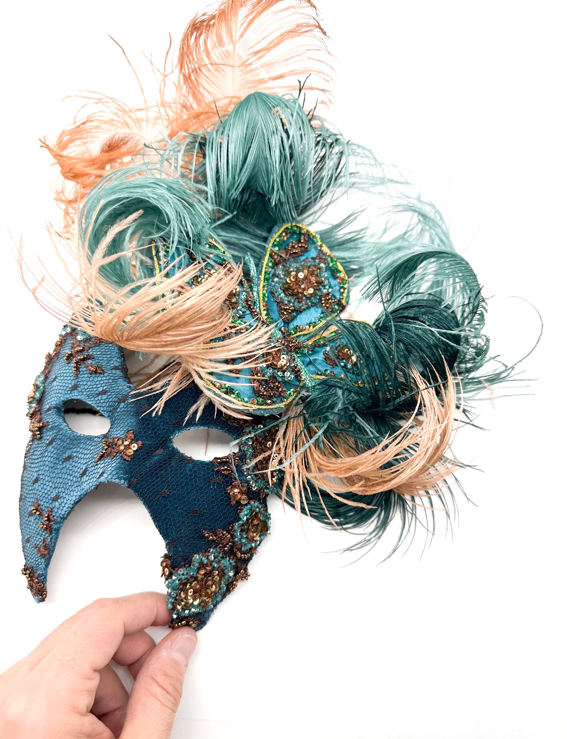 Maschera Veneziana Farfalla con Piume toni verde e pesca
