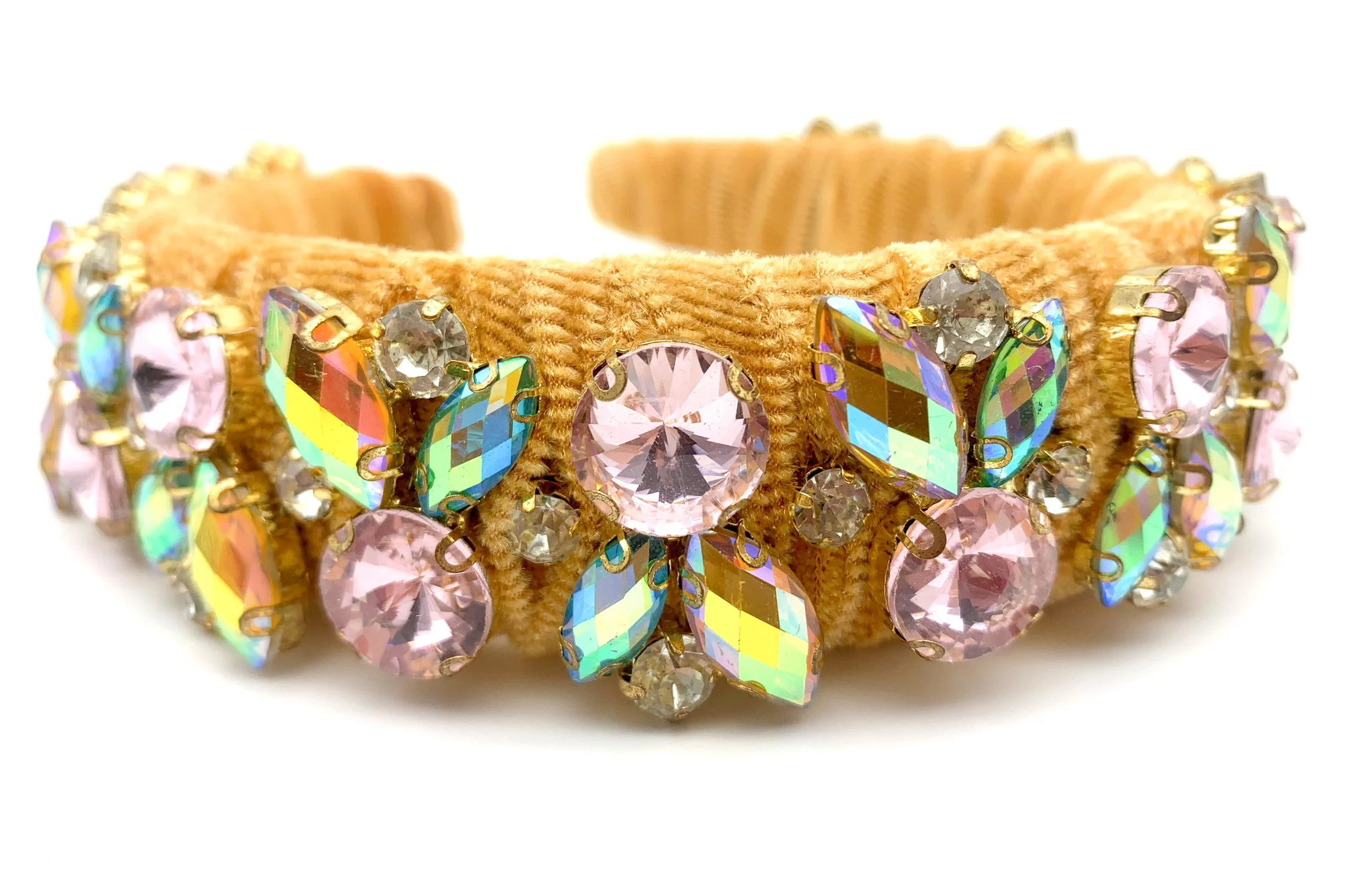 Cerchietto in velluto con pietre bijoux rosa