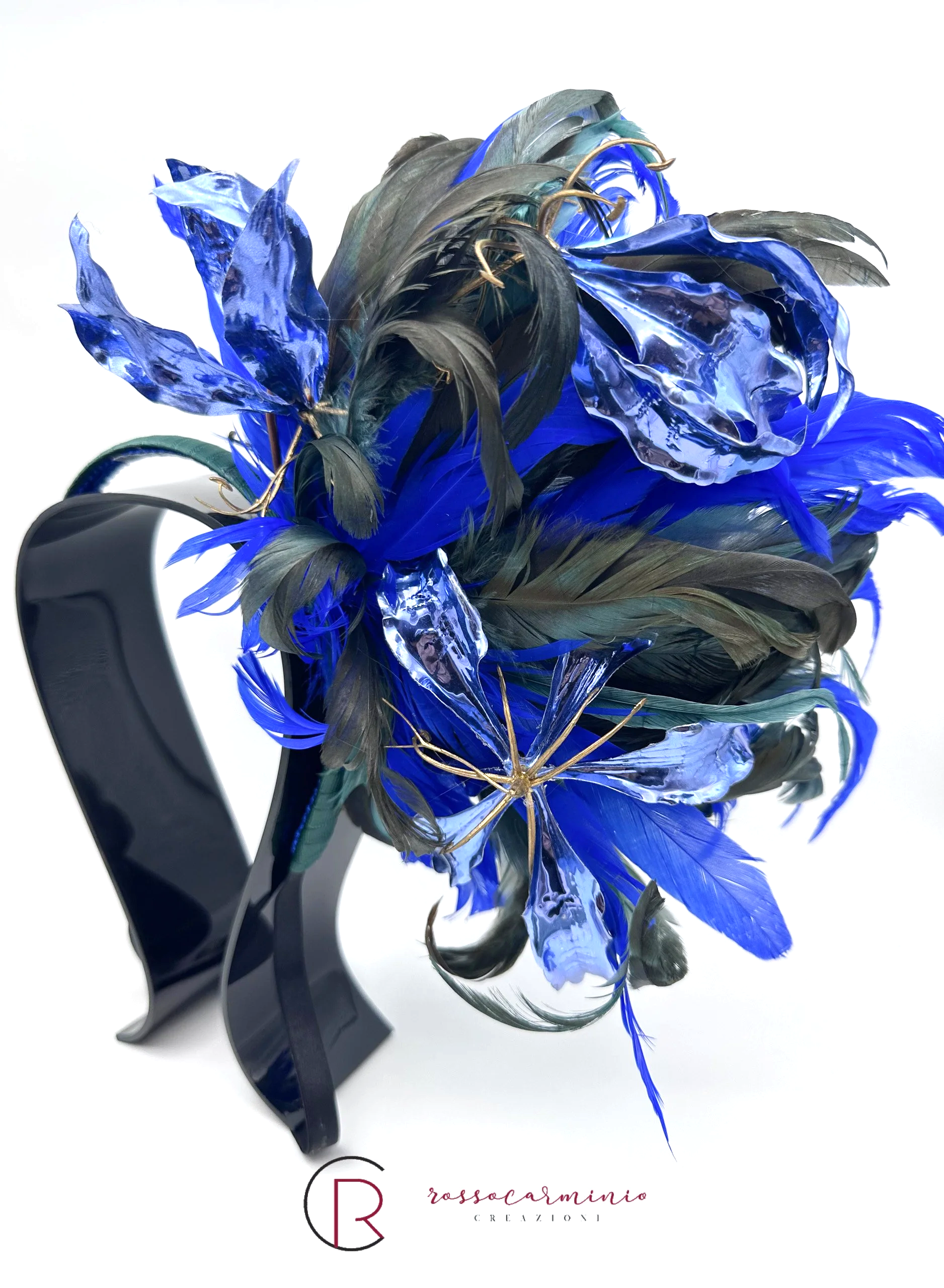Cerchietto piume petrolio e blu elettrico con fiori metallizzati blu