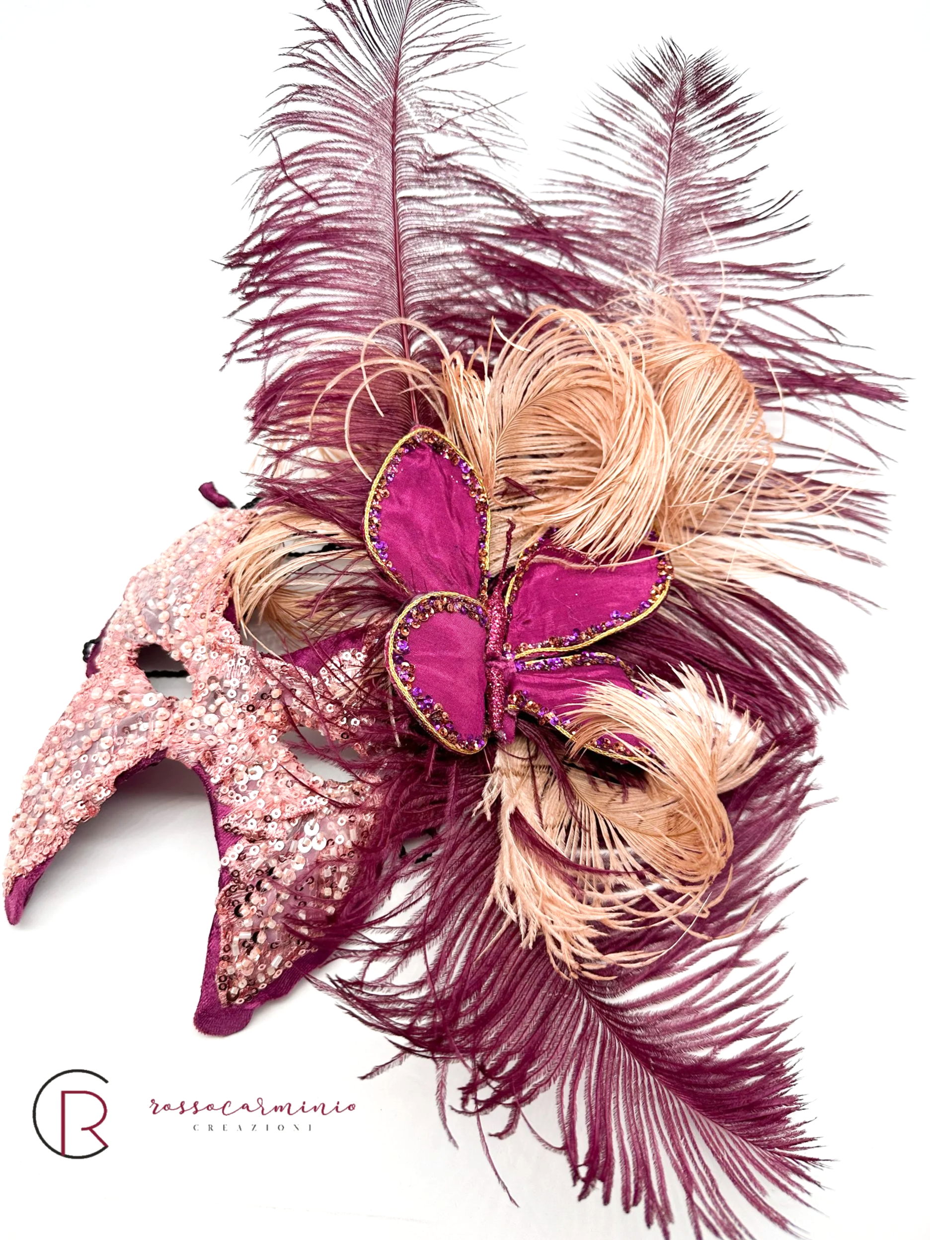 Maschera Veneziana Farfalla  con piume tonalità rosa