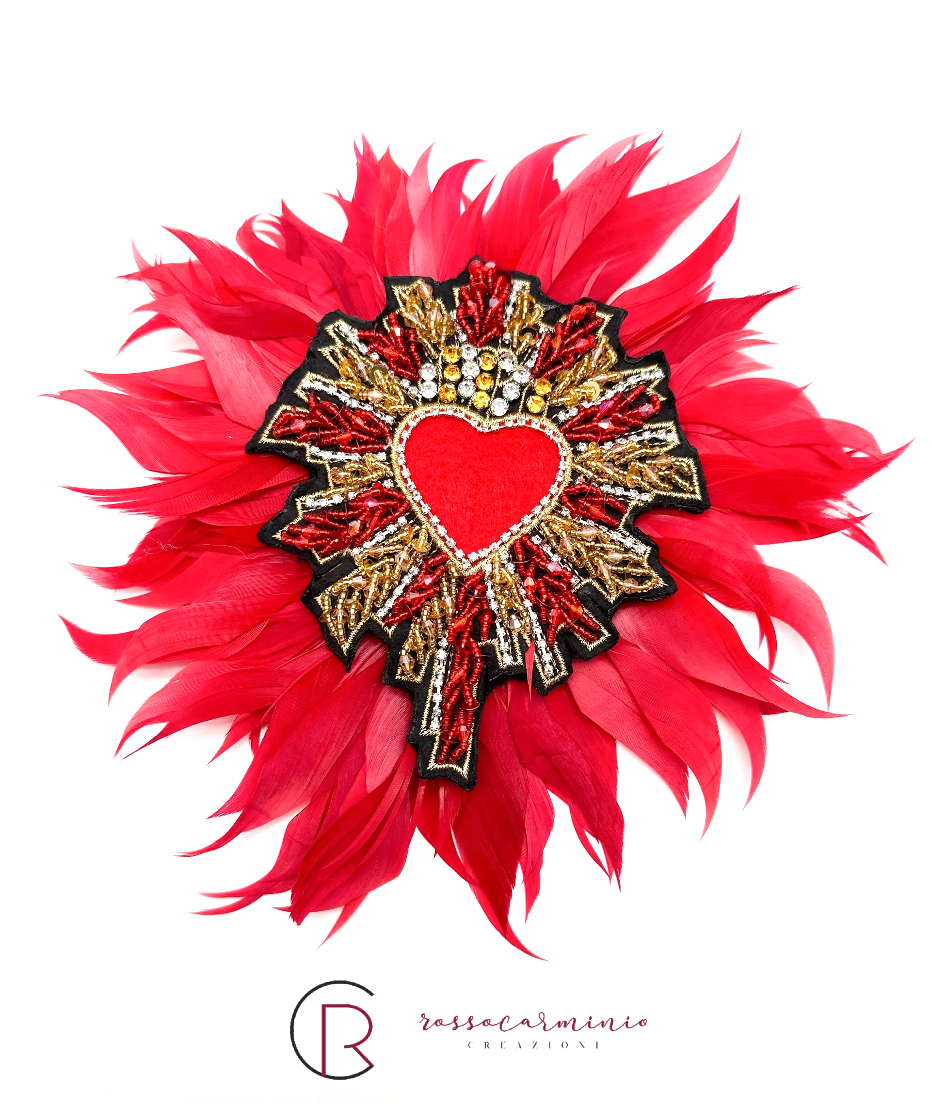 Spilla Clips Cuore Sacro con Piume Rosse