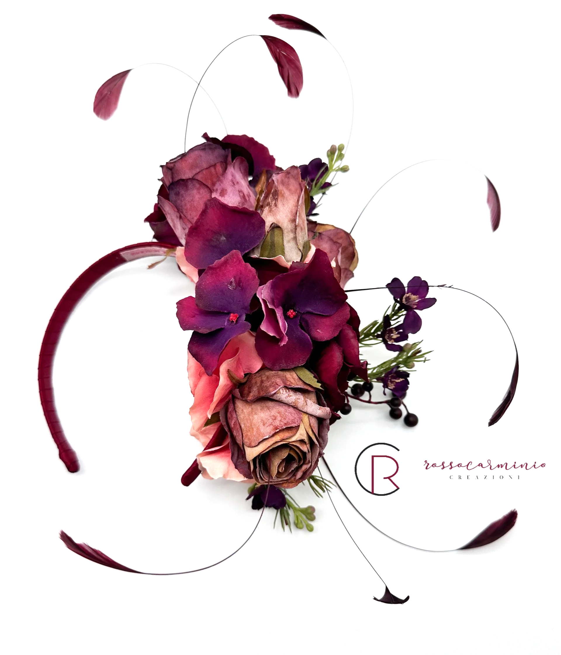 Cerchietto mix di fiori tonalità bordeaux