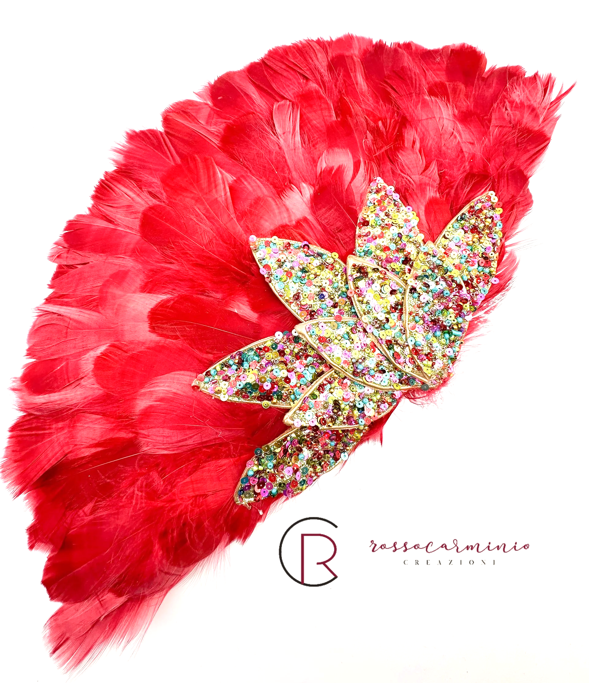 Ventaglio Fisso di Piume, vari colori, con Paillettes