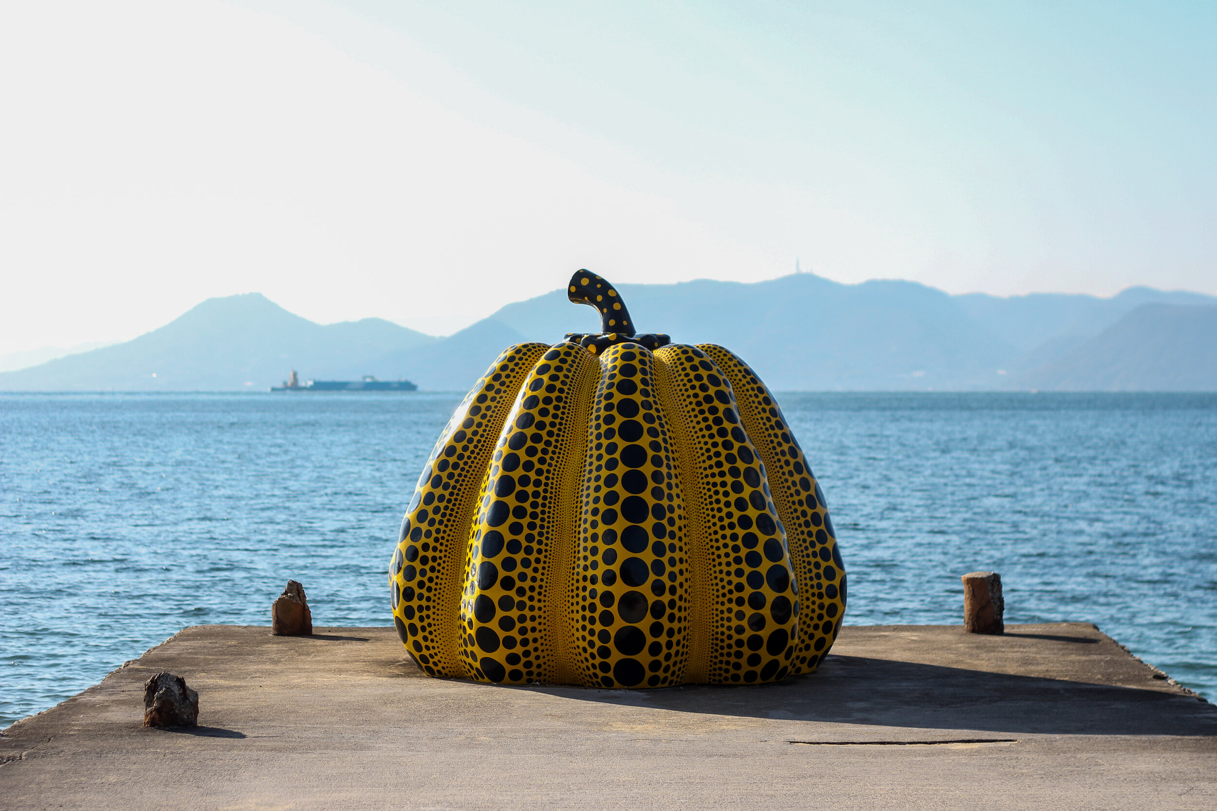 Yayoi Kusama's 'Pumpkin' artwork on Naoshima Island, Japan, in