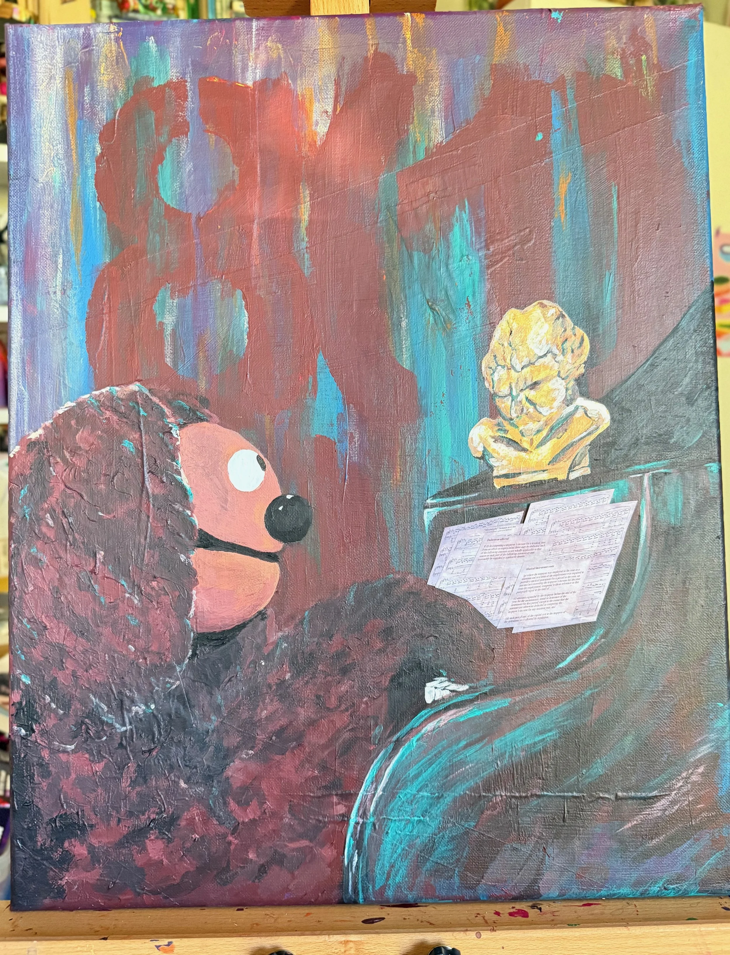 Rowlf's tax deduction. Acrylic and paper on canvas. For MC.
