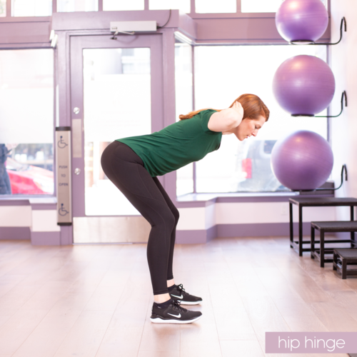 Hip HingeThe hip hinge is maximal hip bend and minimal knee bend. With soft knees and a straight spine, hinge at the hips and reach your rear end behind you. You should end with your hips behind your knees and a nice flat back. Exhale and return to …