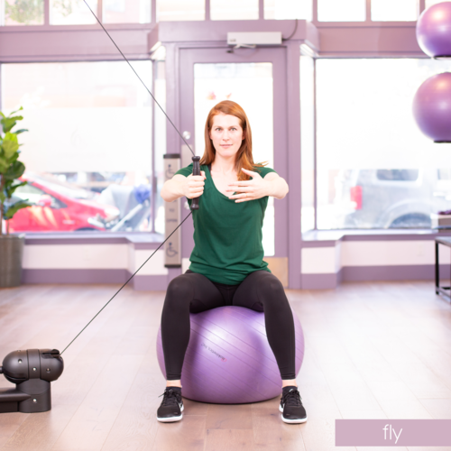 FlySit on a box, bench or swiss ball. Take a weighted cable machine or resistance band shut into a door. With a soft bend in the elbow and the cable in one hand, open the arms at shoulder height and gentle bring them forward in a hugging motion with…