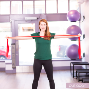 Pull ApartTake a light resistance band with an overhand grip. With mostly straight arms, squeeze your shoulder blades together and pull the band apart. Try to pull with your upper back and keep the chest tall.