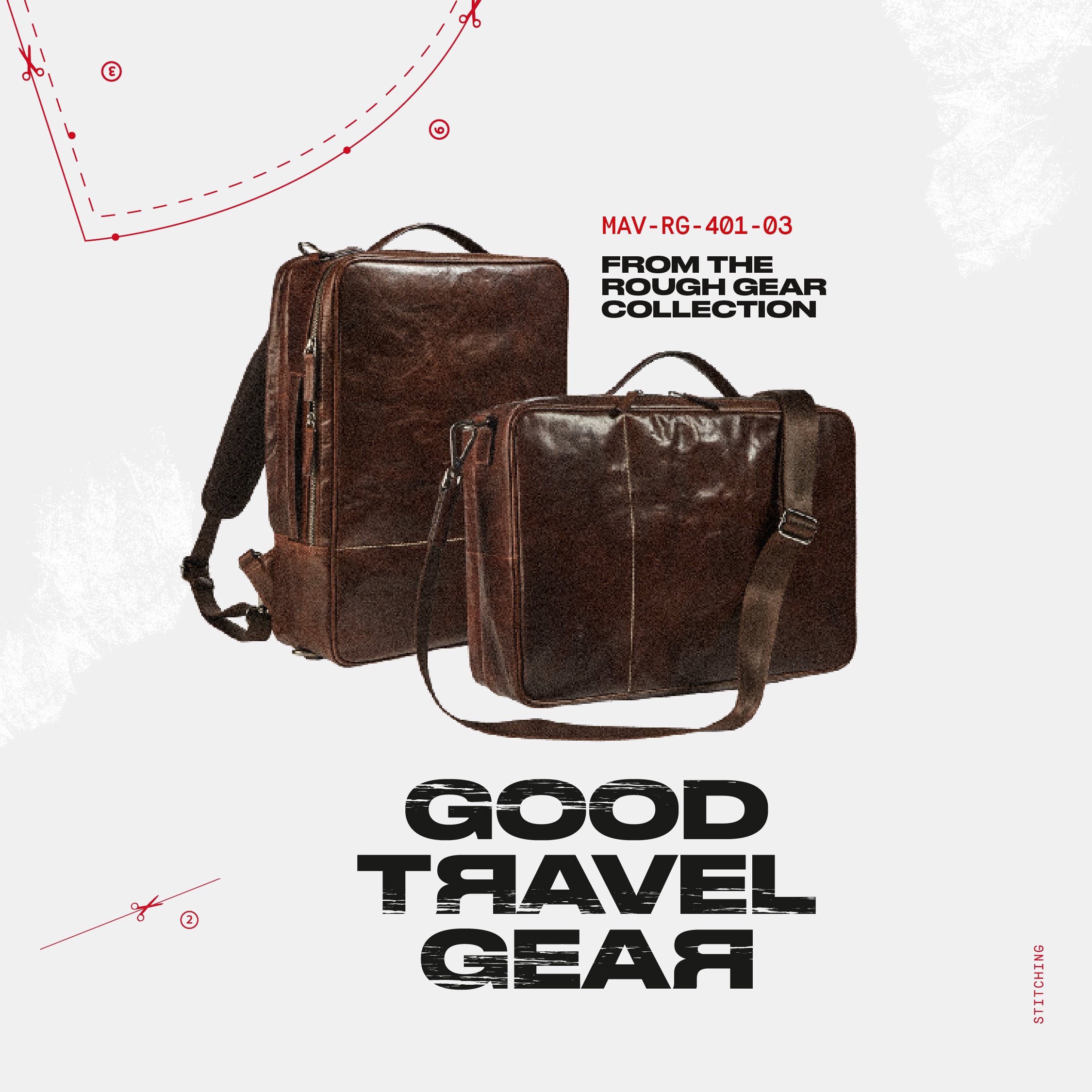 Twee bruine leren reistassen uit de Rough Gear Collection met tekst "GOOD TRAVEL GEAR".