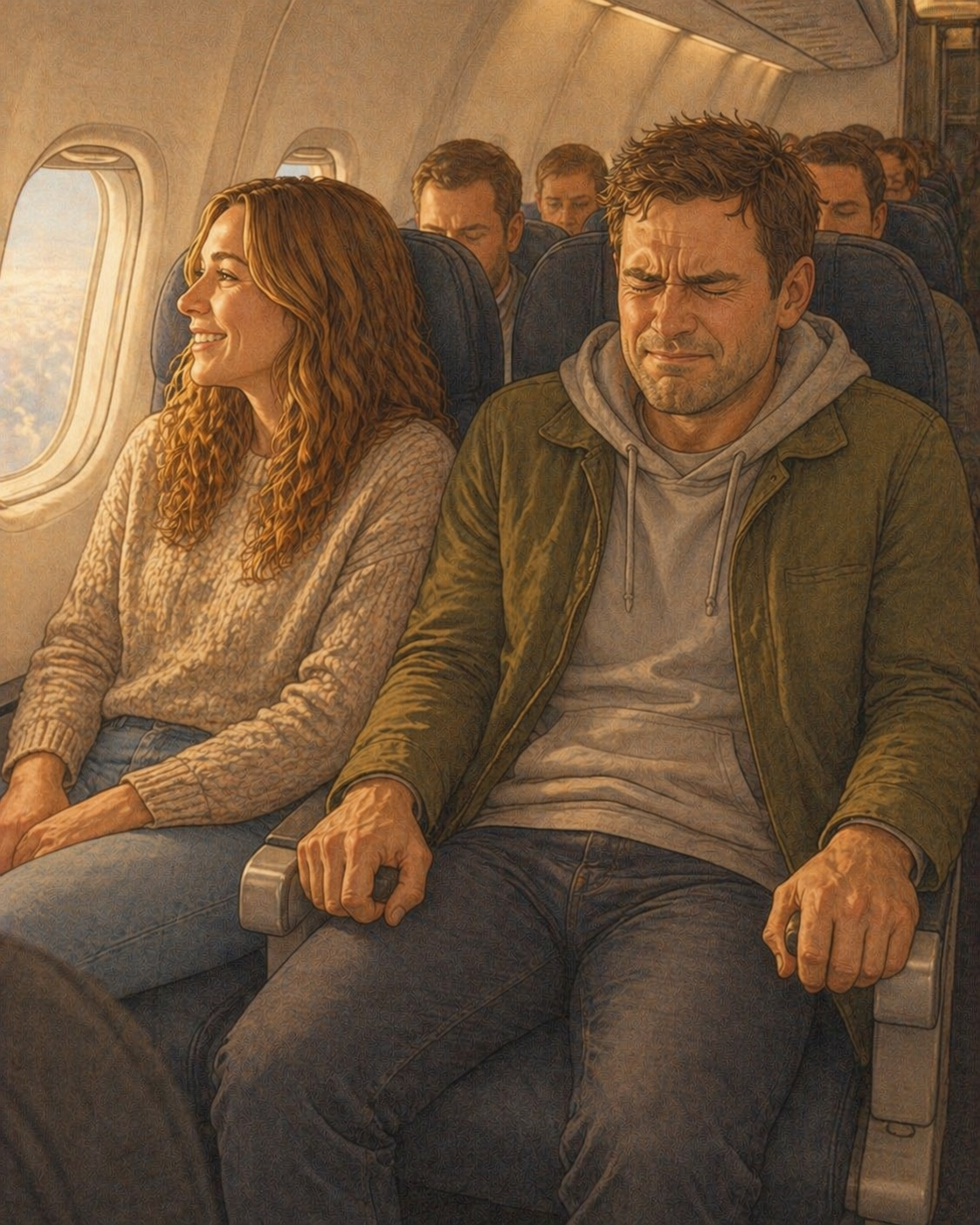 A man looking very anxious in a plane seat while his wife looks relaxed while looking out the window.