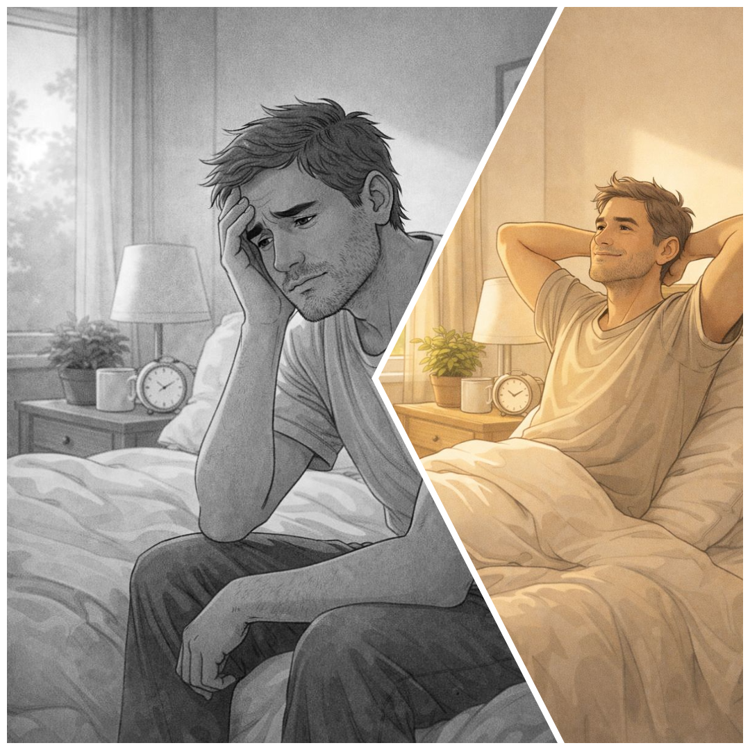 A black and white image of a man in his forties sitting on a bed looking miserable sliced with a warm image of the same man in bed looking refreshed in the morning