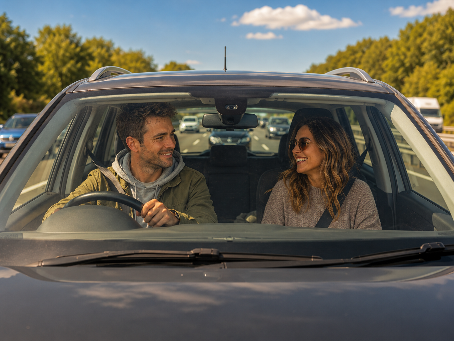 An image of the same man in the above image, driving on the motorway with his wife, looking realxed.