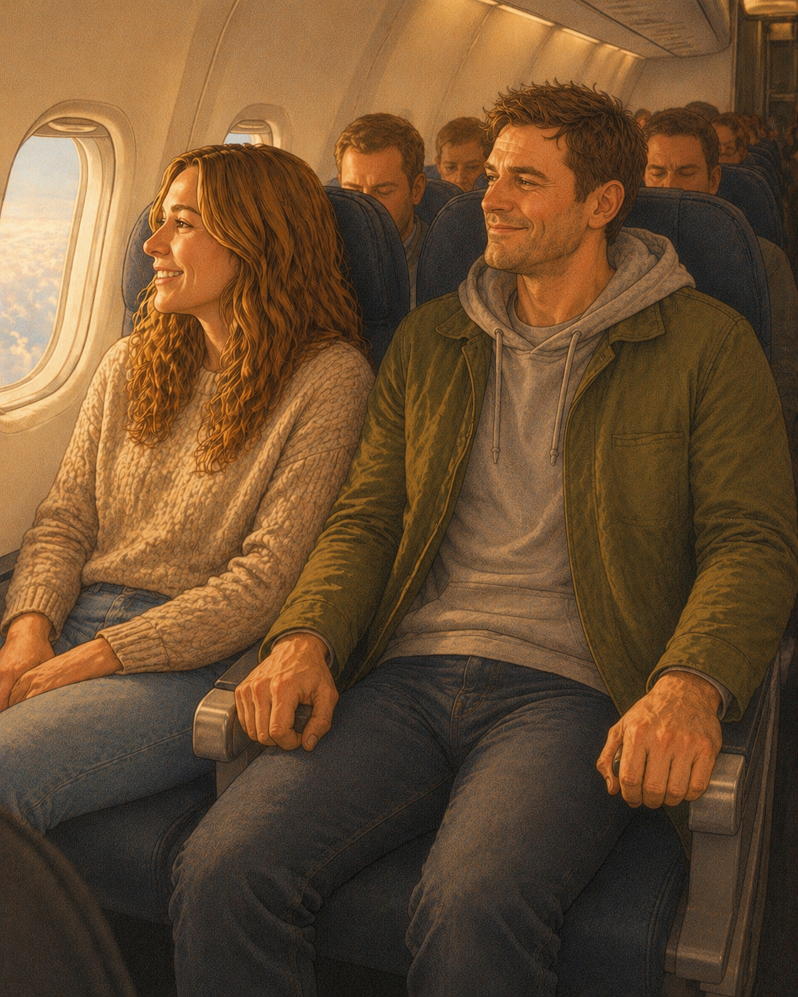 A man and his wife looking relaxed in their plane seats, looking out of the window.