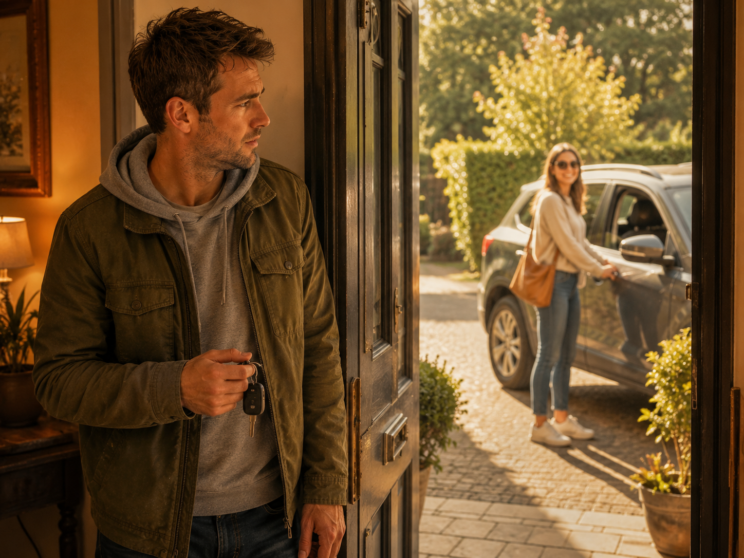 Man holding car keys looking anxious. Through his open front door we can see his car and his wife looking happy waiting to get in the car.