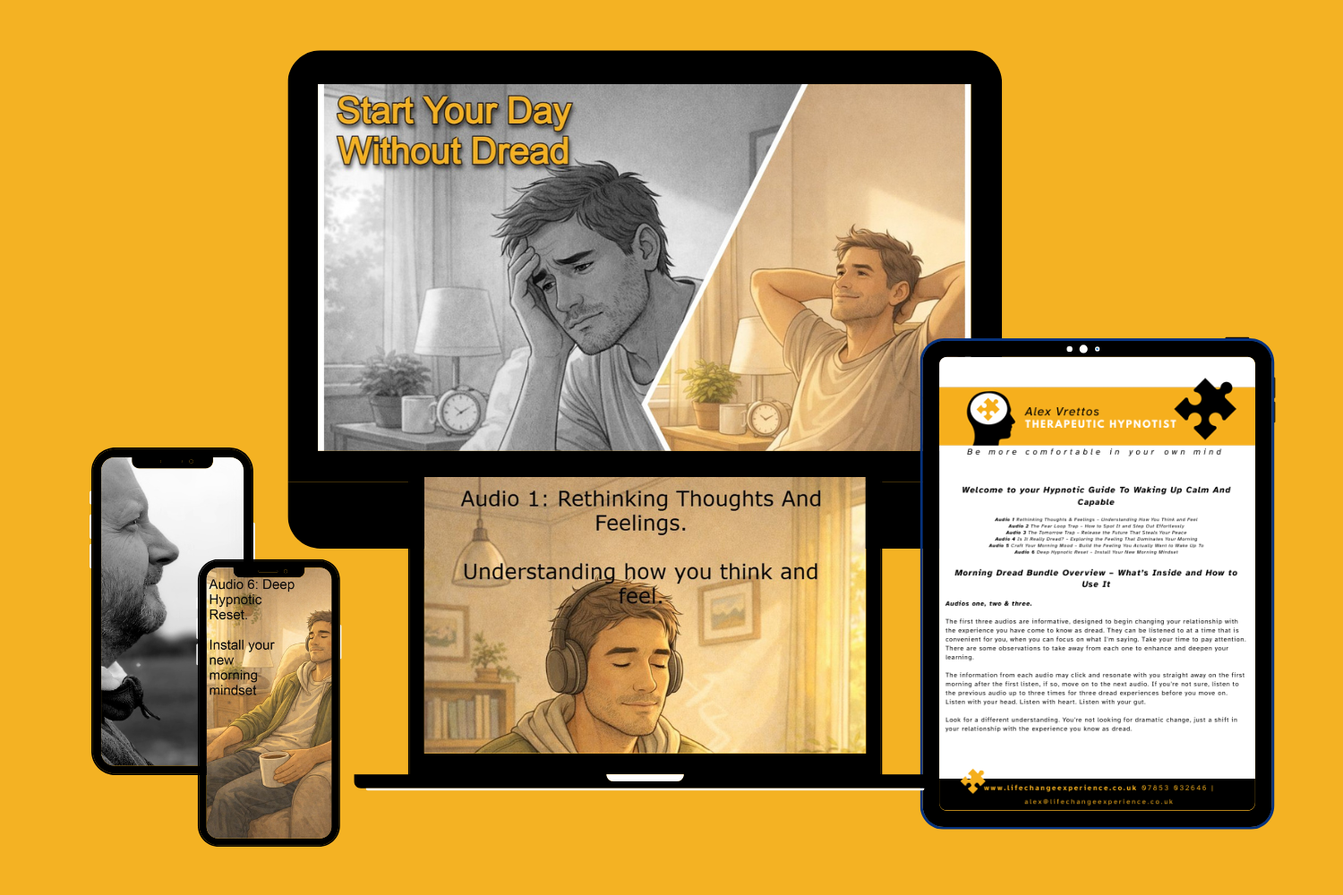 An image with on brand illustrations and product titles on a selection of screens