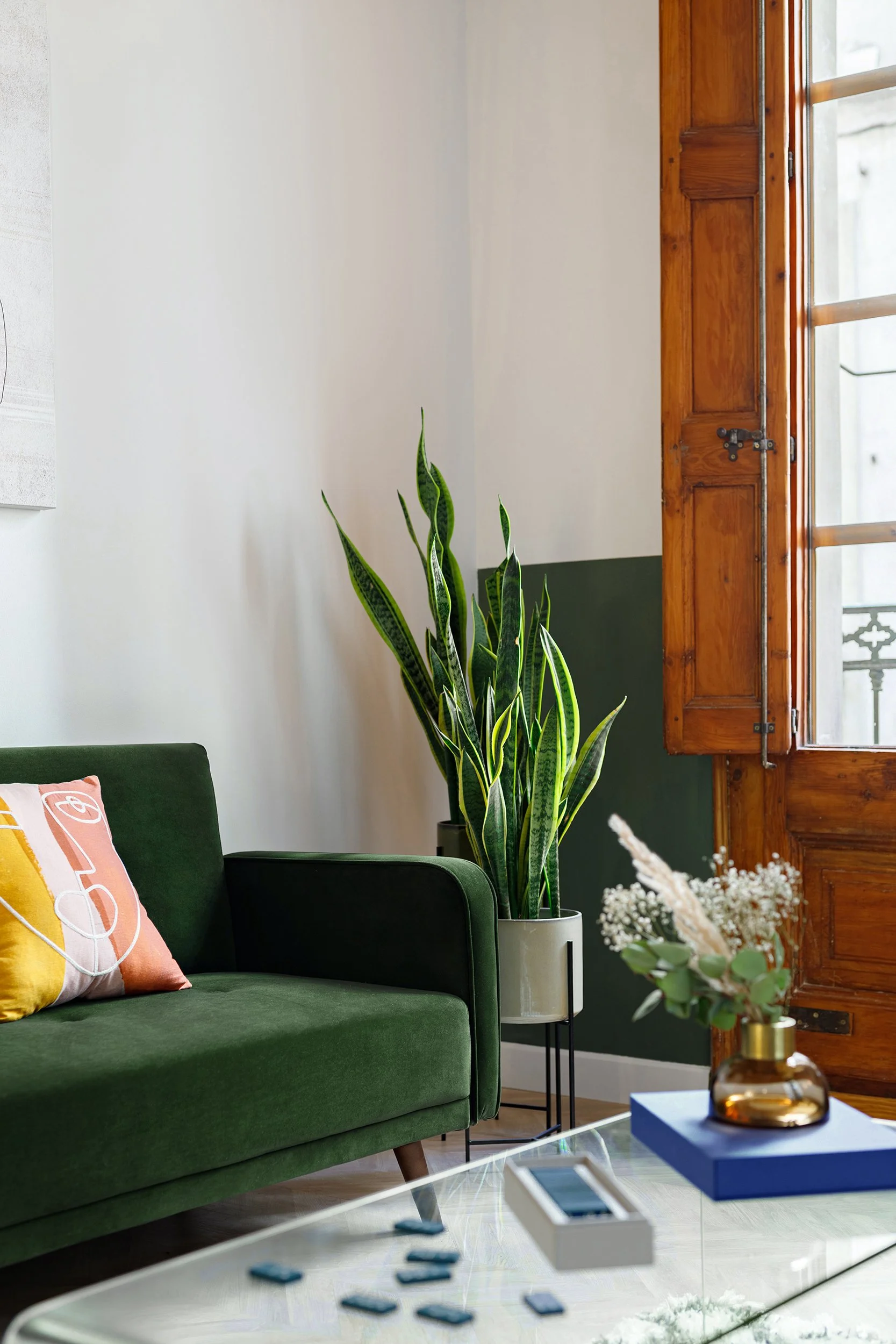 A modern living room with a green couch, patterned pillows, a potted snake plant, a wooden window, and a glass coffee table with decorative items.