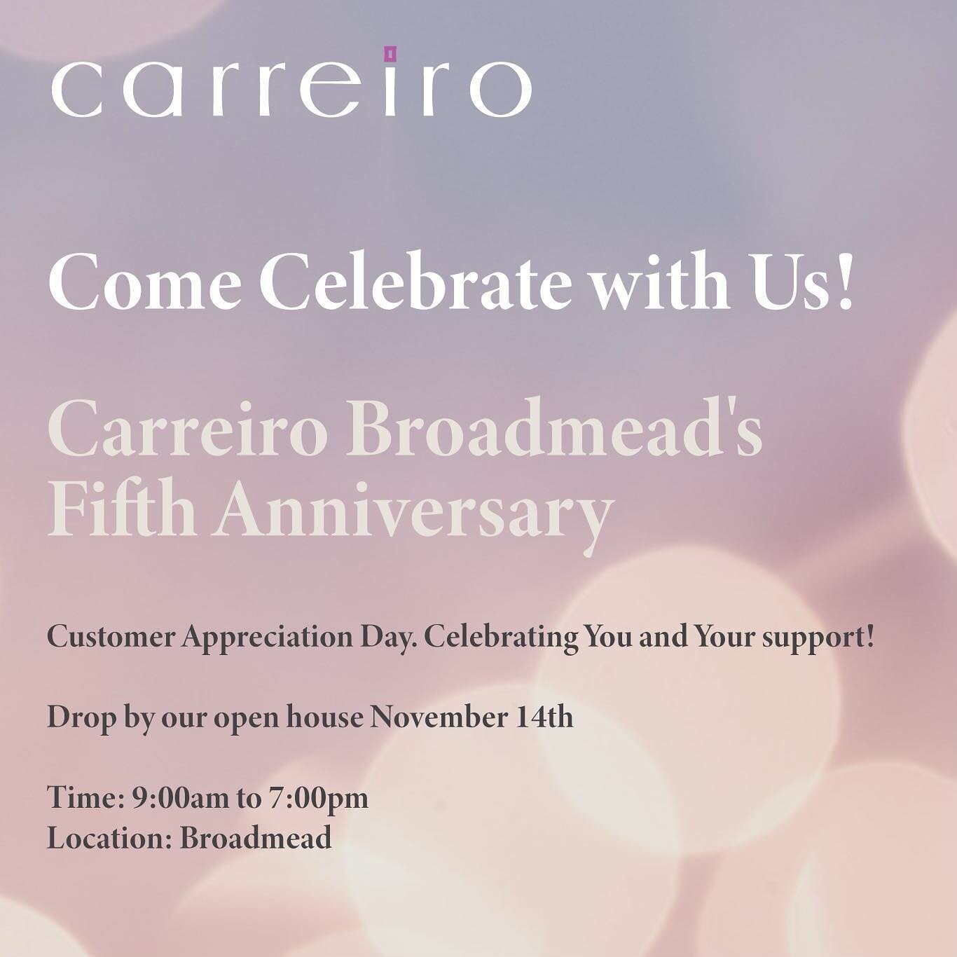 We welcome all our guests and friends to come celebrate 5 years at Broadmead Centre! 
Tuesday November 14th, we open at 9 and will be keeping the fun going till 7! 
Products on sale, gift bags, spa goodies and lots of yummy treats! We hope to see you