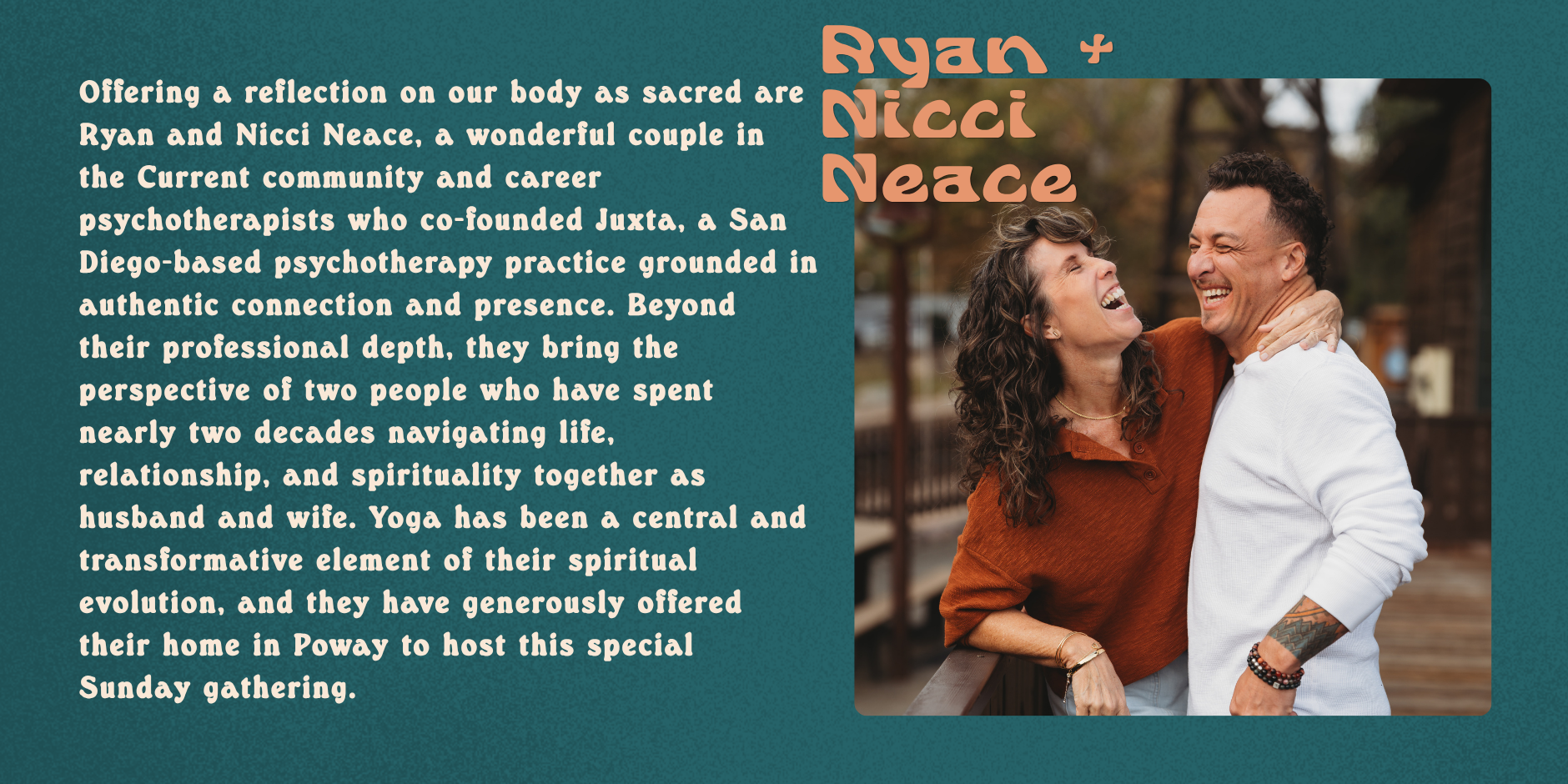 A couple, a woman with curly brown hair and a man with short dark hair, are happily embracing outdoors on a wooden deck, laughing and smiling at each other.