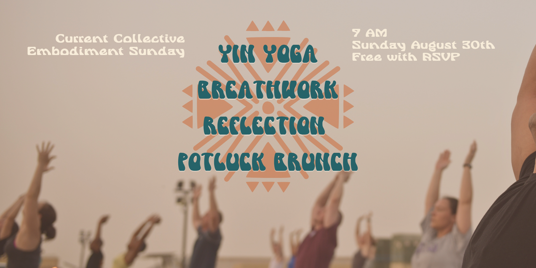 Yoga class with participants raising arms in a studio, overlaid with text advertising a Sunday brunch event including a yoga class, breathwork, and a potluck, with details about time and RSVP.