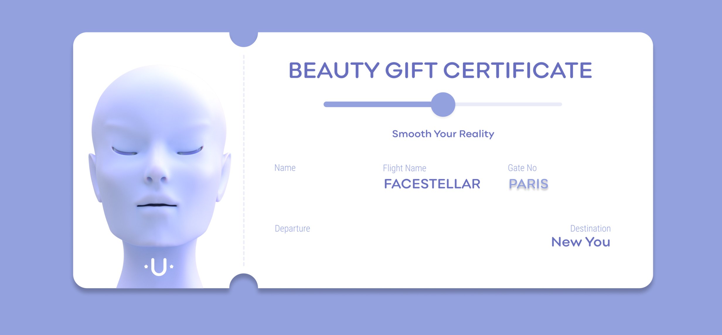 Beauty gift certificate design featuring a serene, closed-eyed face illustration on the left and ticket-like layout with text on the right, offering a metaphorical journey to a 'New You.'