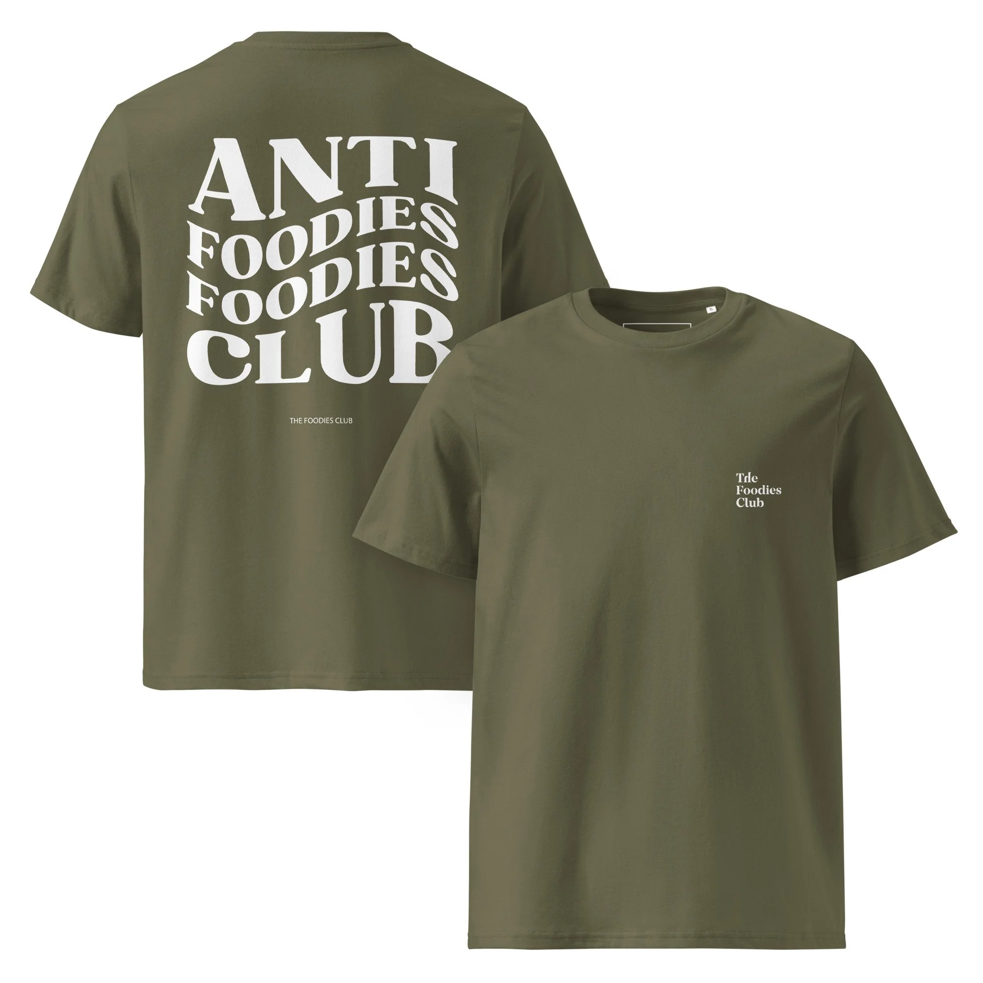 Modelo a usar t-shirt khaki Anti Foodies Foodies Club — frente e costas — merch The Foodies Club