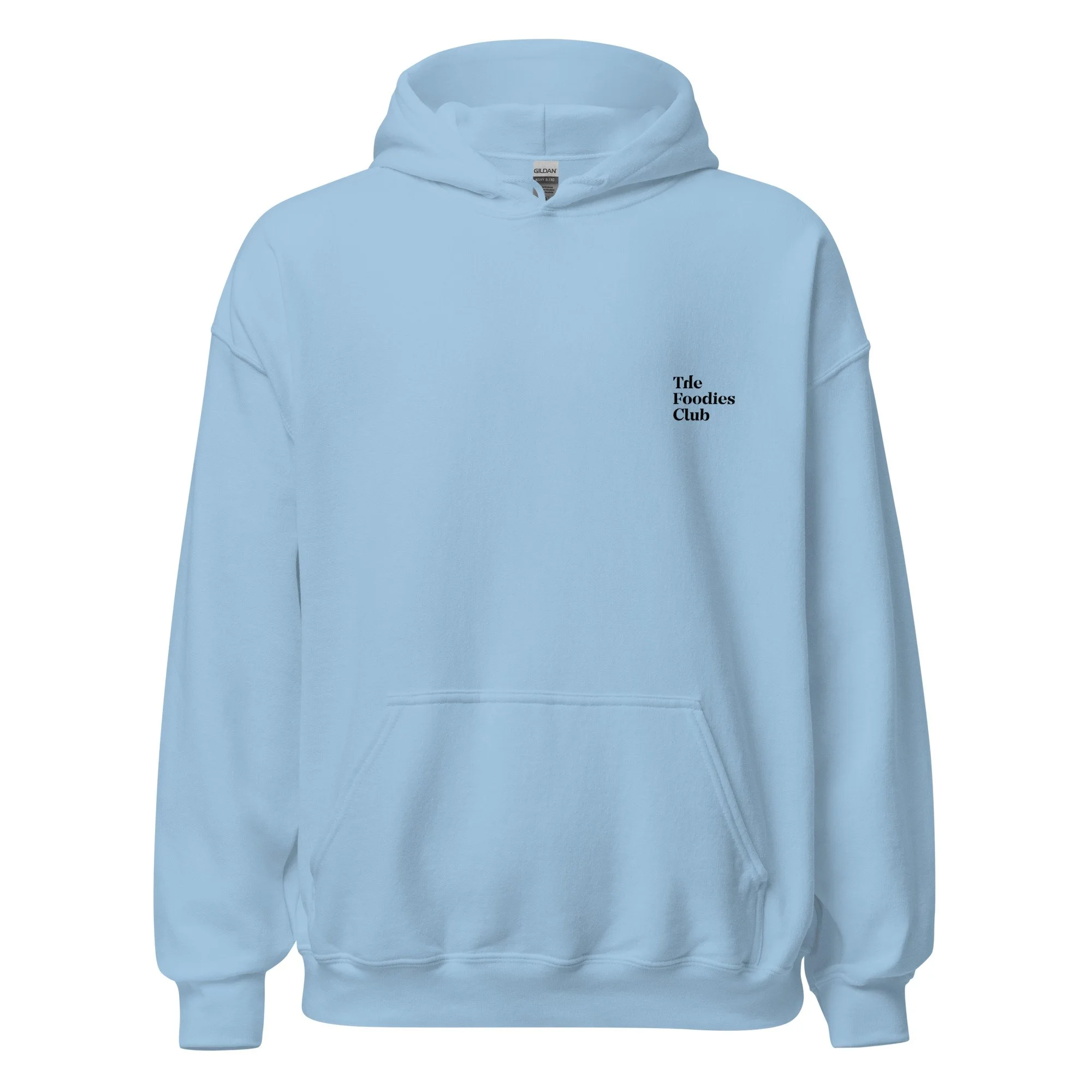 Modelo a usar hoodie light blue Anti Foodies Foodies Club — logo na frente — merch The Foodies Club