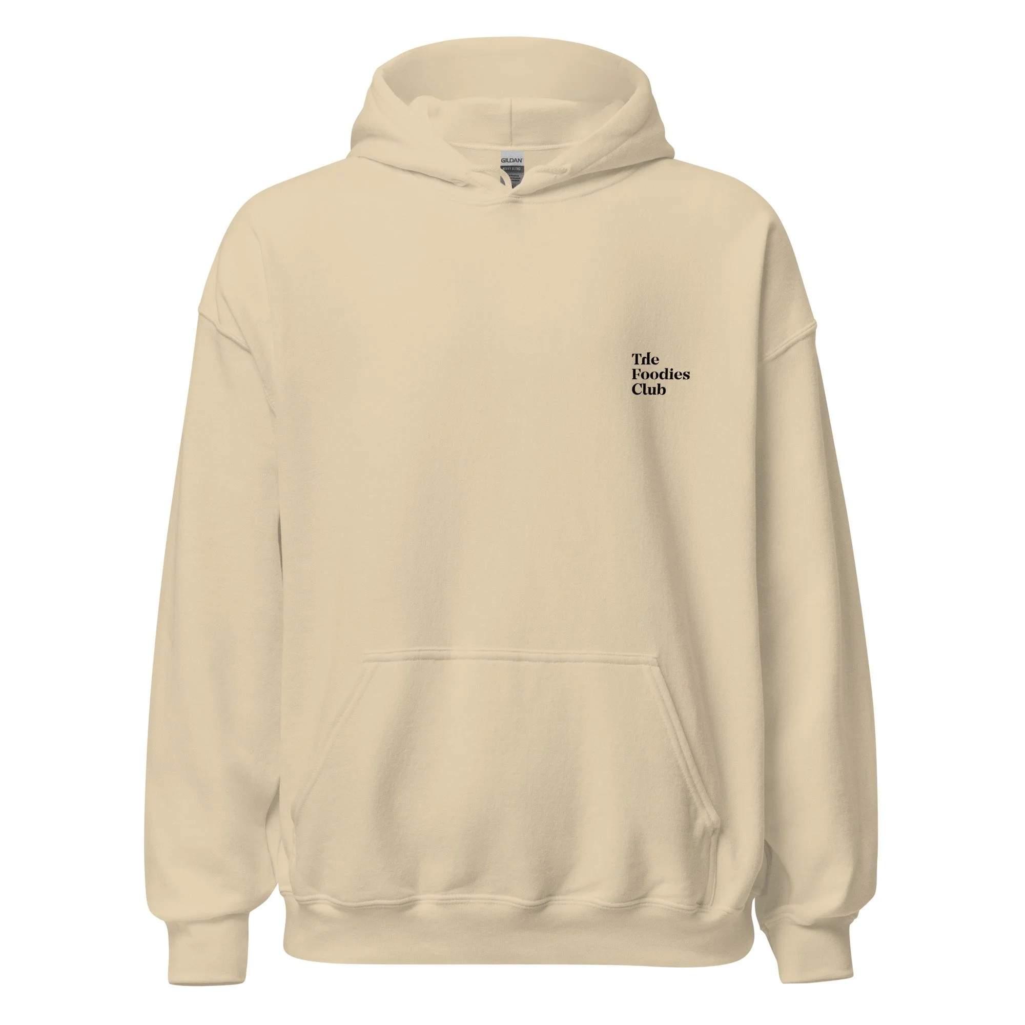 Modelo a usar hoodie sand Anti Foodies Foodies Club — logo na frente — merch The Foodies Club