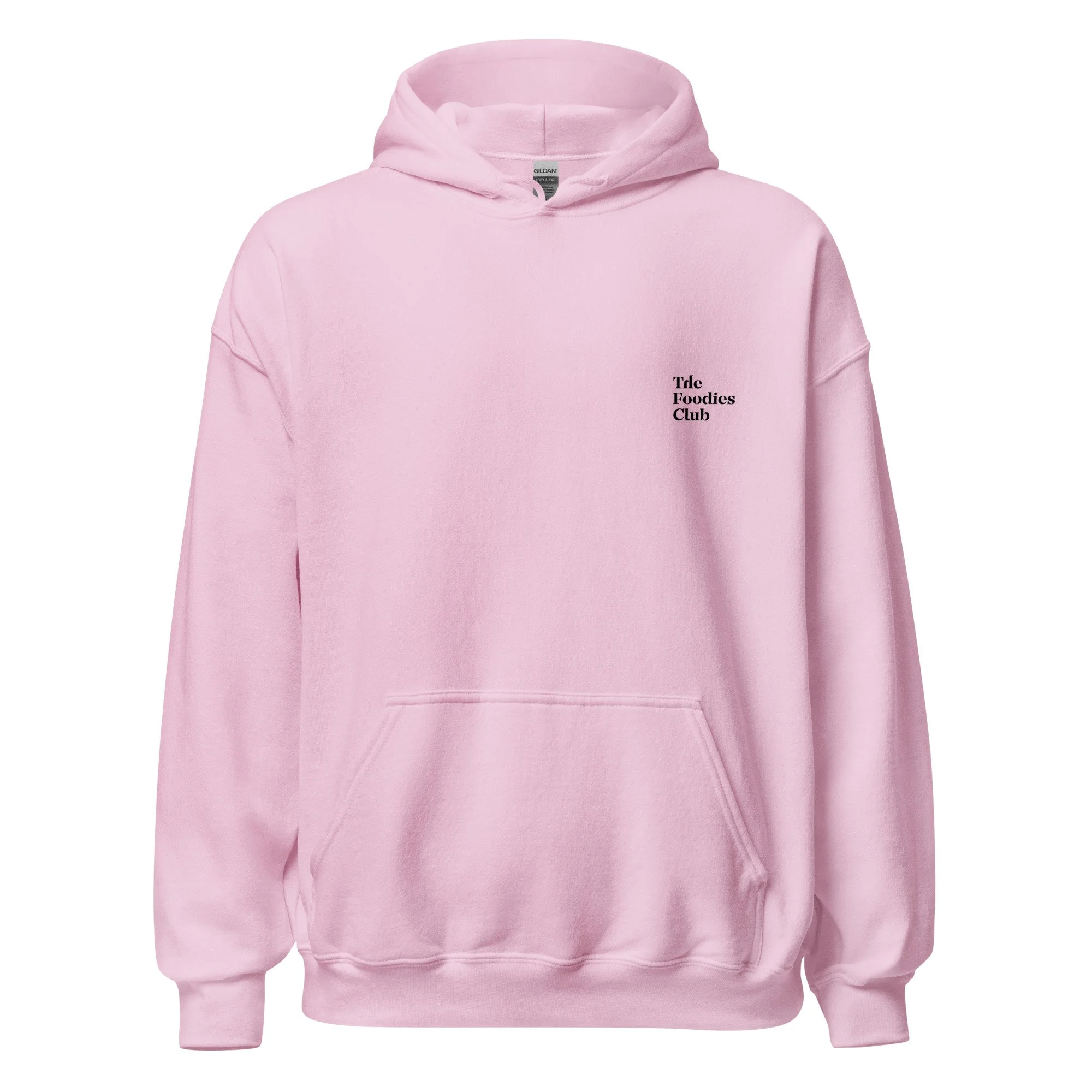 Modelo a usar hoodie light pink Anti Foodies Foodies Club — logo na frente — merch The Foodies Club