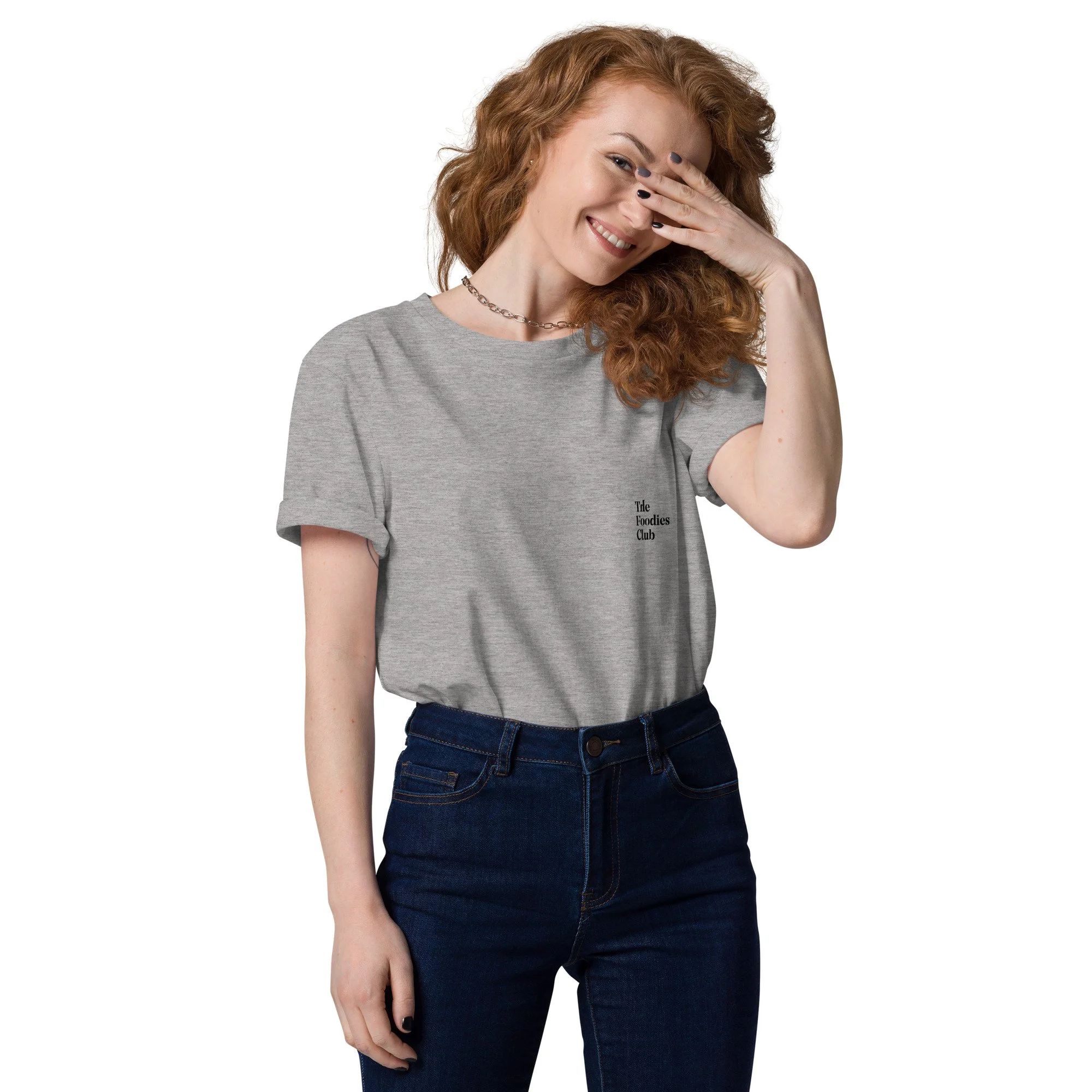 Modelo a usar t-shirt heather grey Anti Foodies Foodies Club — frente — merch The Foodies Club
