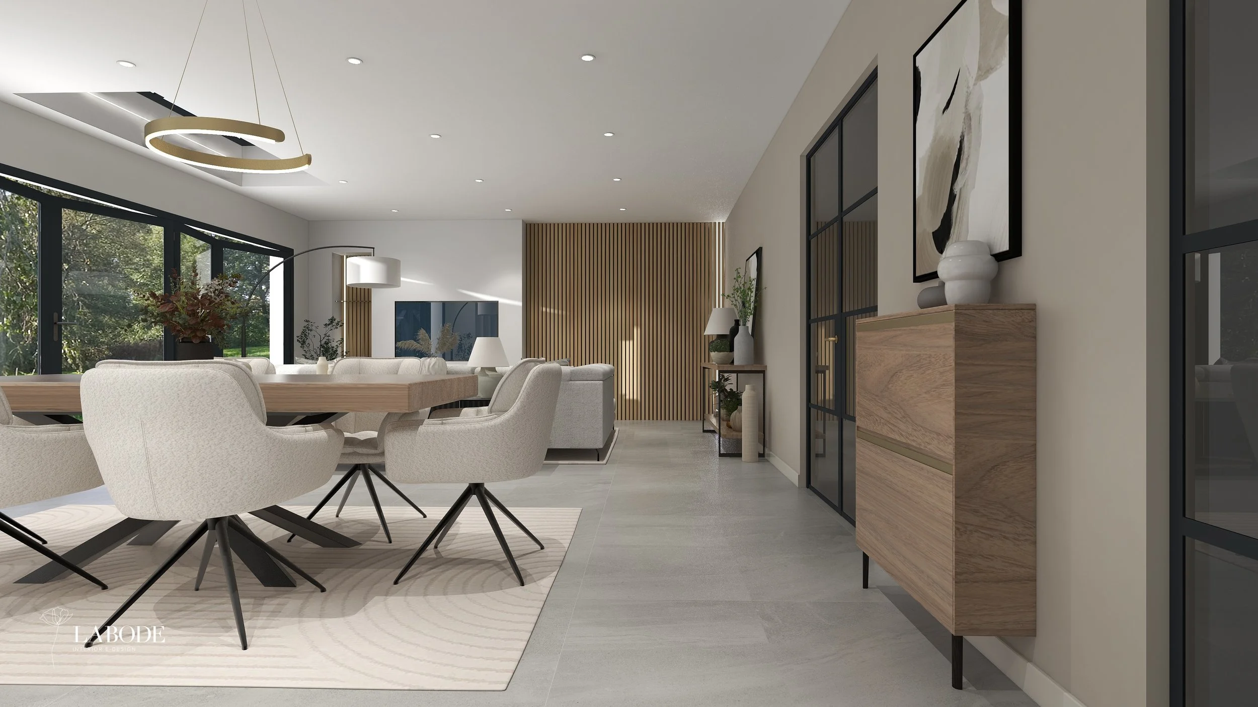 Modern living and dining area with large windows, white and beige furniture, wooden accents, decorative vases, and framed artwork.