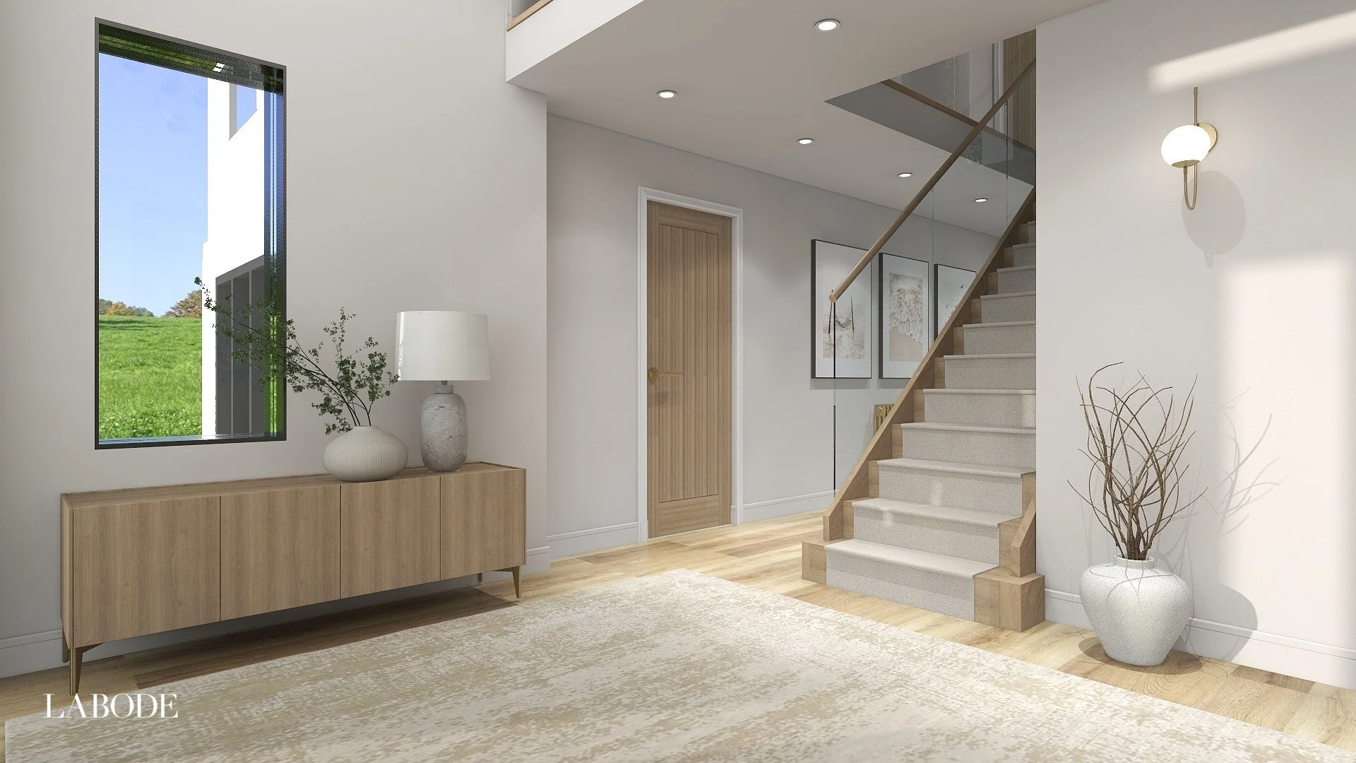 Hallway with glass stair rail and contemporary styling in a neutral palette
