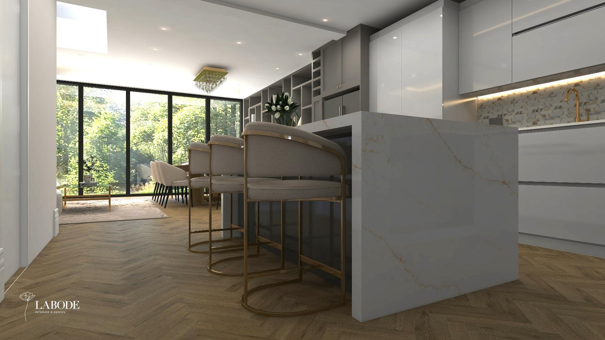 Contemporary Kitchen and Dining area with gold accents and wooden floor