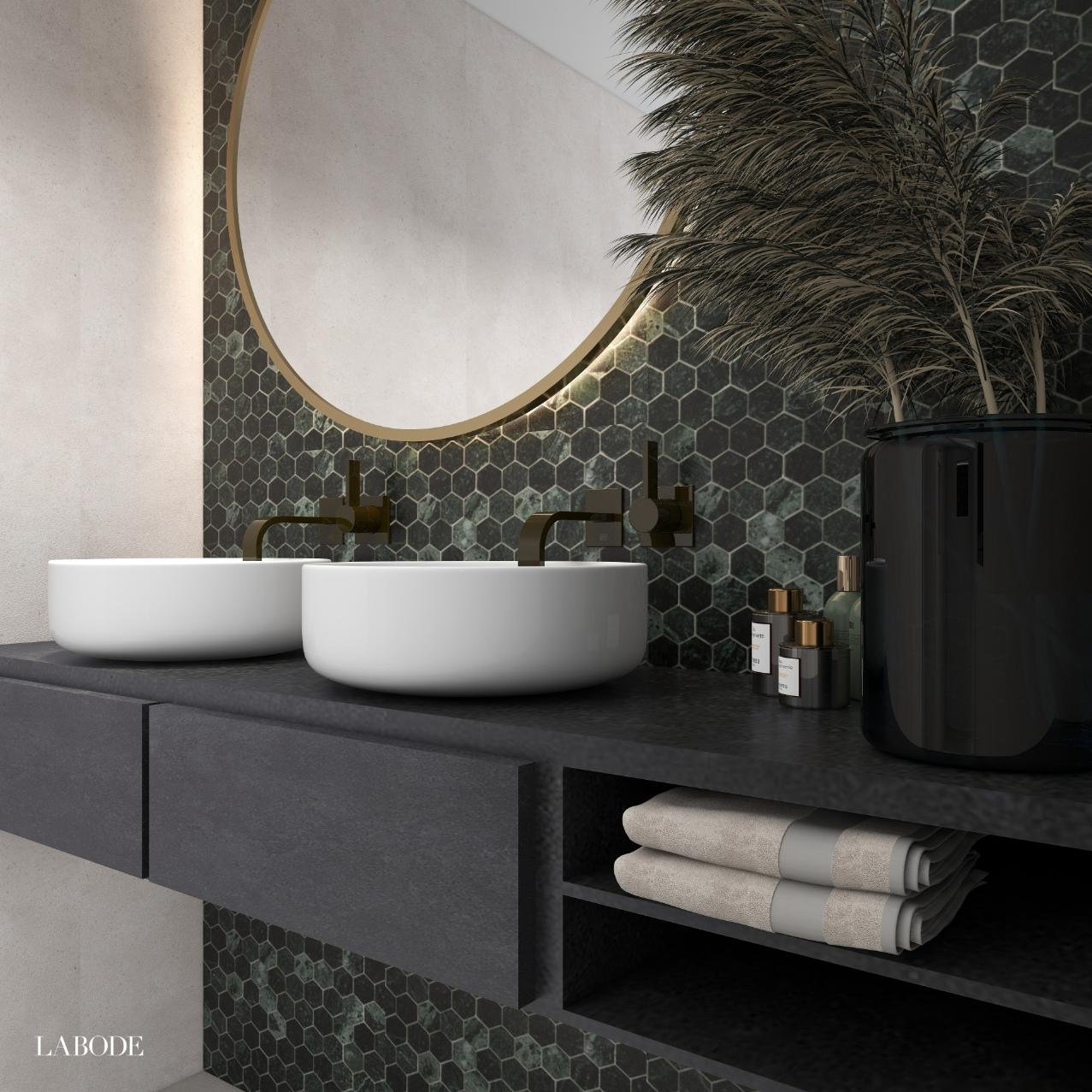 Contemporary Ensuite with dark green hexagon tiling and black floating sink