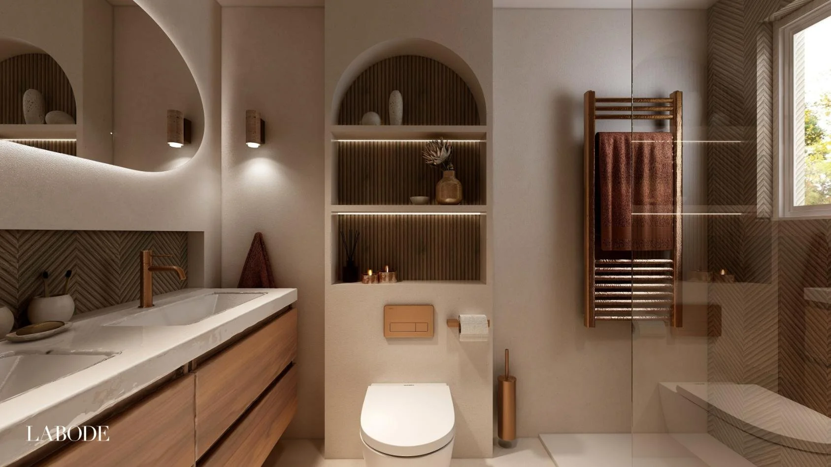 Organic Modern bathroom with arch features in terrazzo and fluted wood