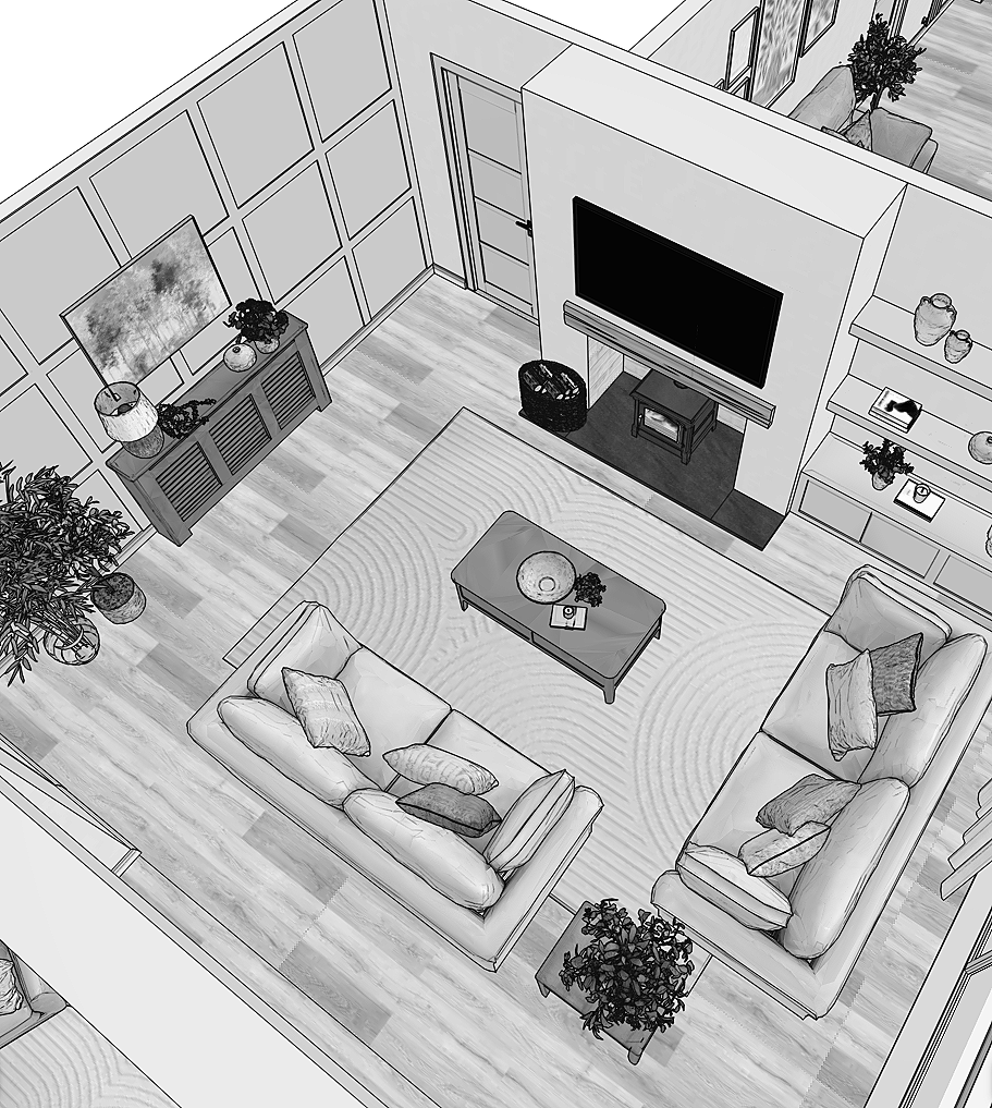 A monochrome illustration of a modern living room with two sofas, a coffee table, a TV mounted on the wall, and various potted plants and decorative items on shelves and furniture.