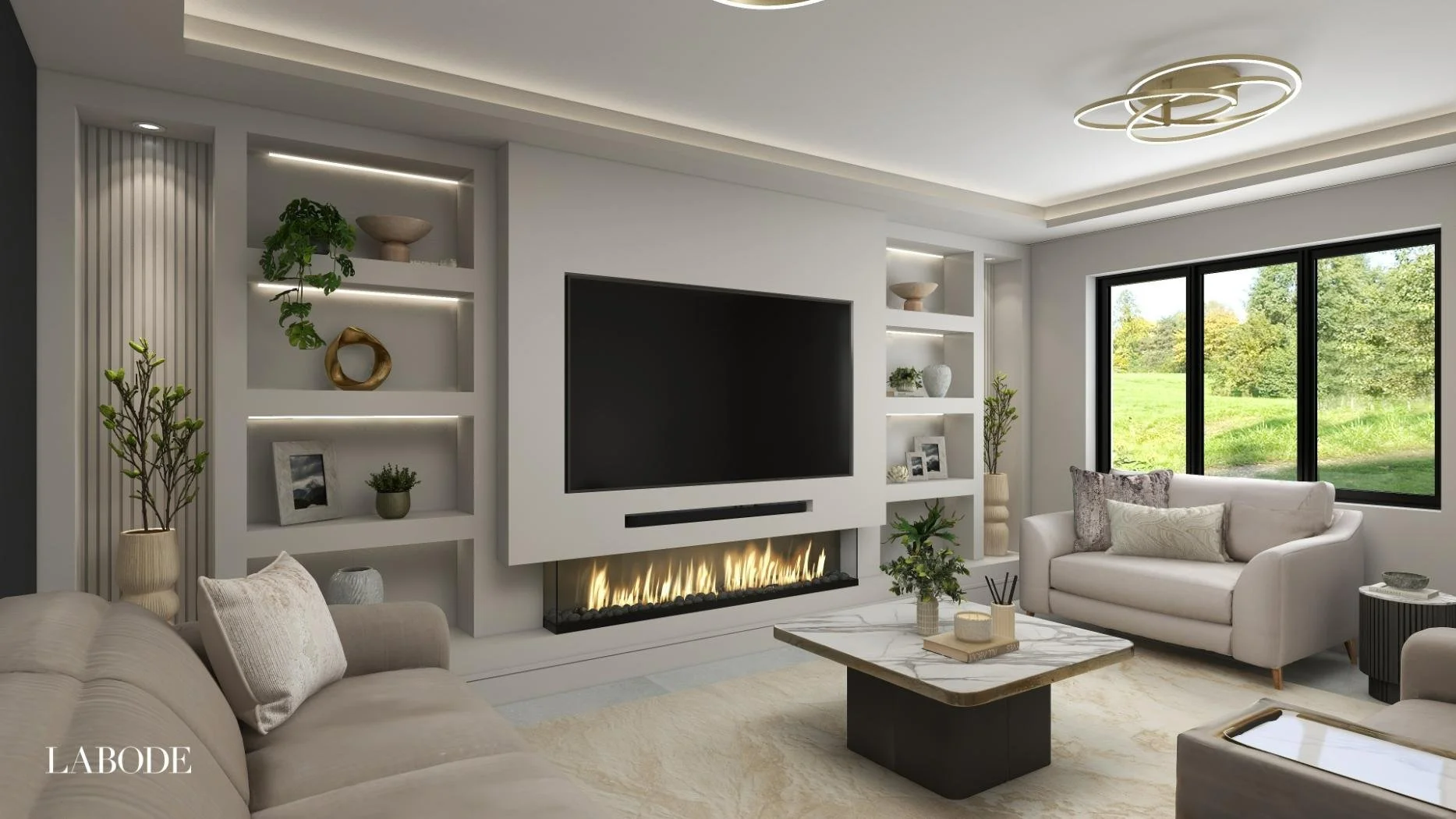 LABODE Curated Virtual Interior Design service showing 3D visualisation of contemporary coffee table with media wall and shelving.jpg