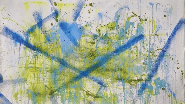 Abstract splatter painting with blue and green paint on white background.