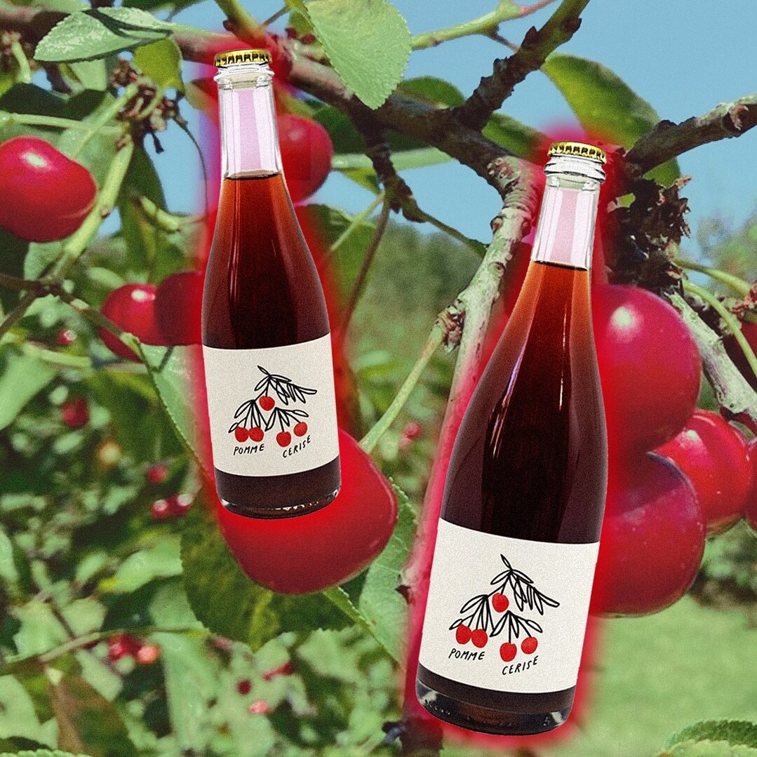 Pomme Cerise is a blend of American heirloom and bittersweet apples, co-fermented with sweet and sour cherries across two harvest years. 80% apples, 20% cherries. Half fermented in oak, half in stainless. Bottle conditioned with fresh sweet cherry ju